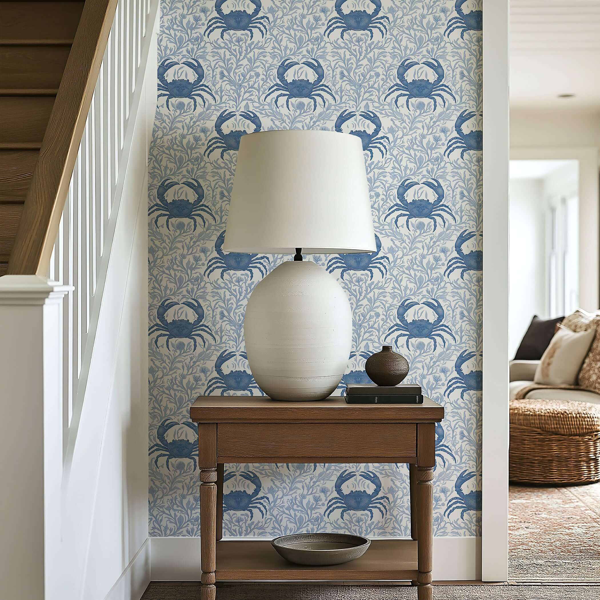 Coastal themed room with Blue Crab Botanica wallpaper featuring marine and botanical elements, perfect for seaside decor.
