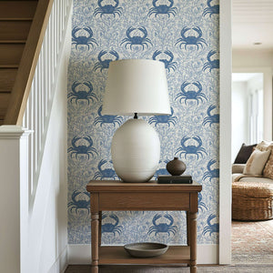 Coastal themed room with Blue Crab Botanica wallpaper featuring marine and botanical elements, perfect for seaside decor.