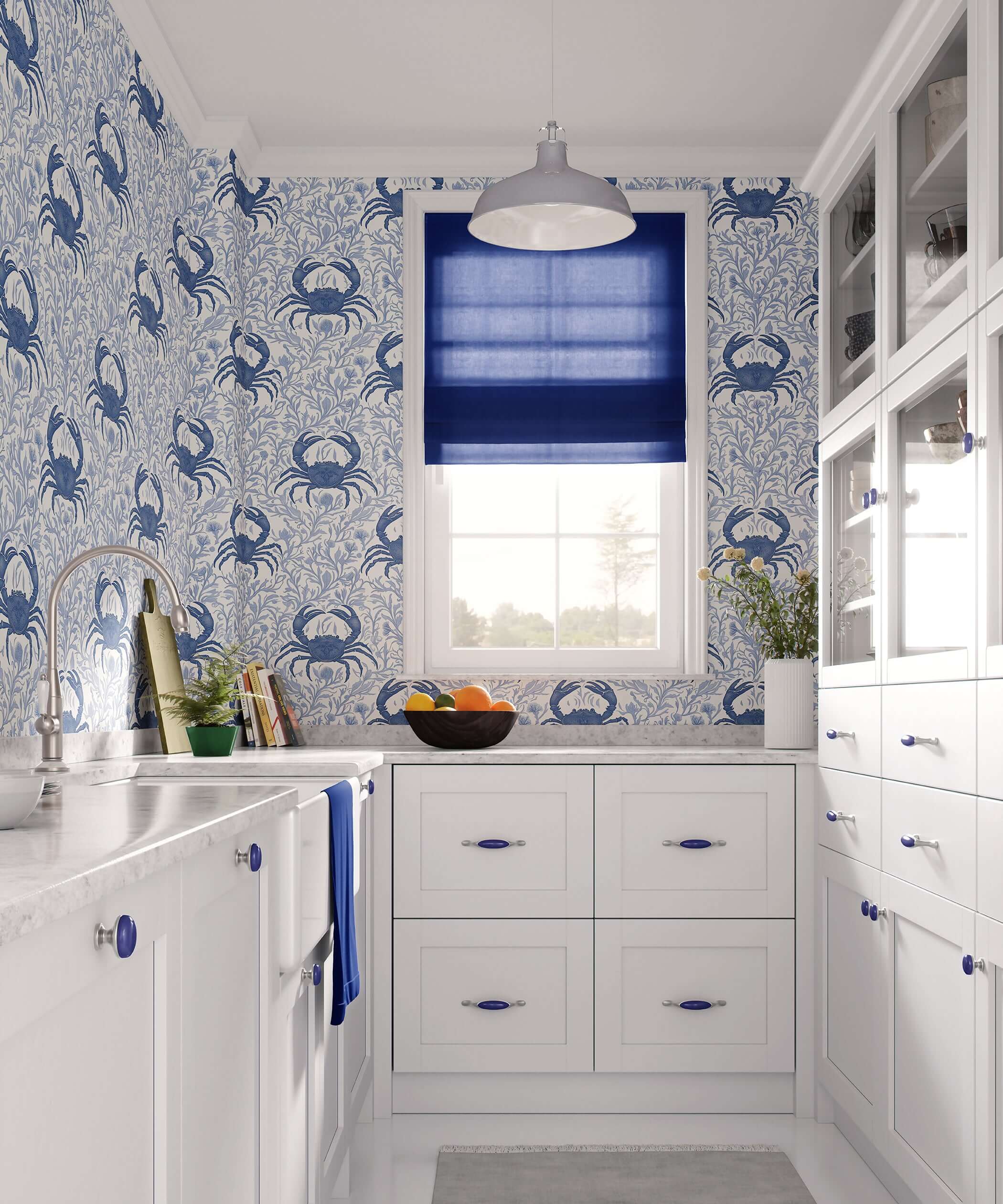 Blue Crab Botanica wallpaper featuring crabs and ocean flora in a coastal kitchen setting, adding marine elegance to the space.