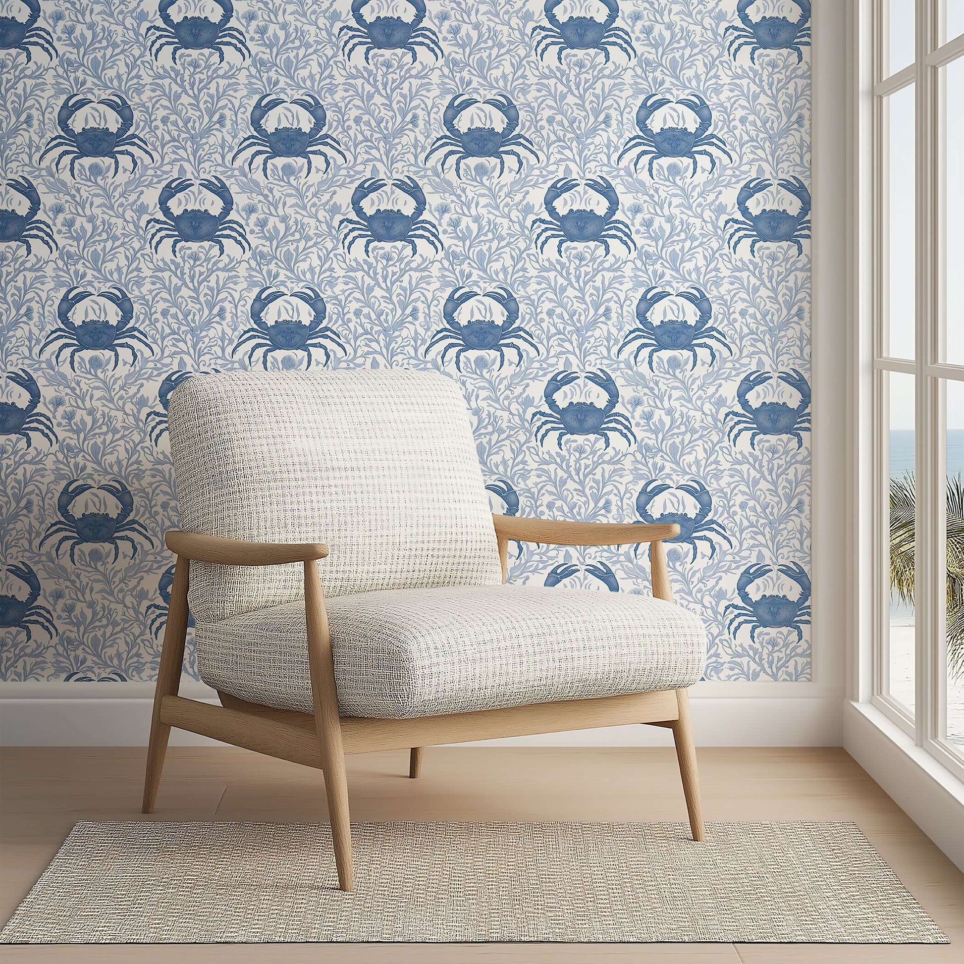 Coastal living room with "Blue Crab Botanica" wallpaper featuring detailed blue crabs and ocean flora, enhancing marine elegance.