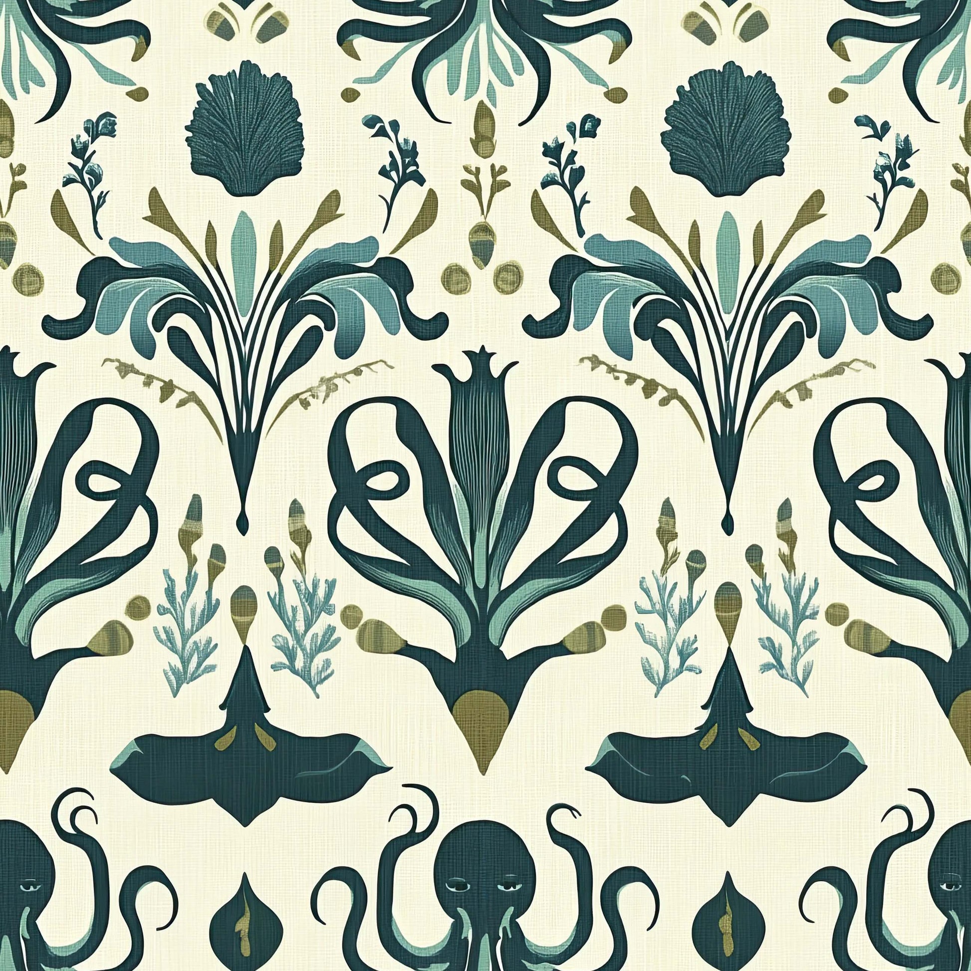 Mystic Ocean Damask wallpaper with octopus and marine designs in green and teal shades, perfect for a coastal-themed space.