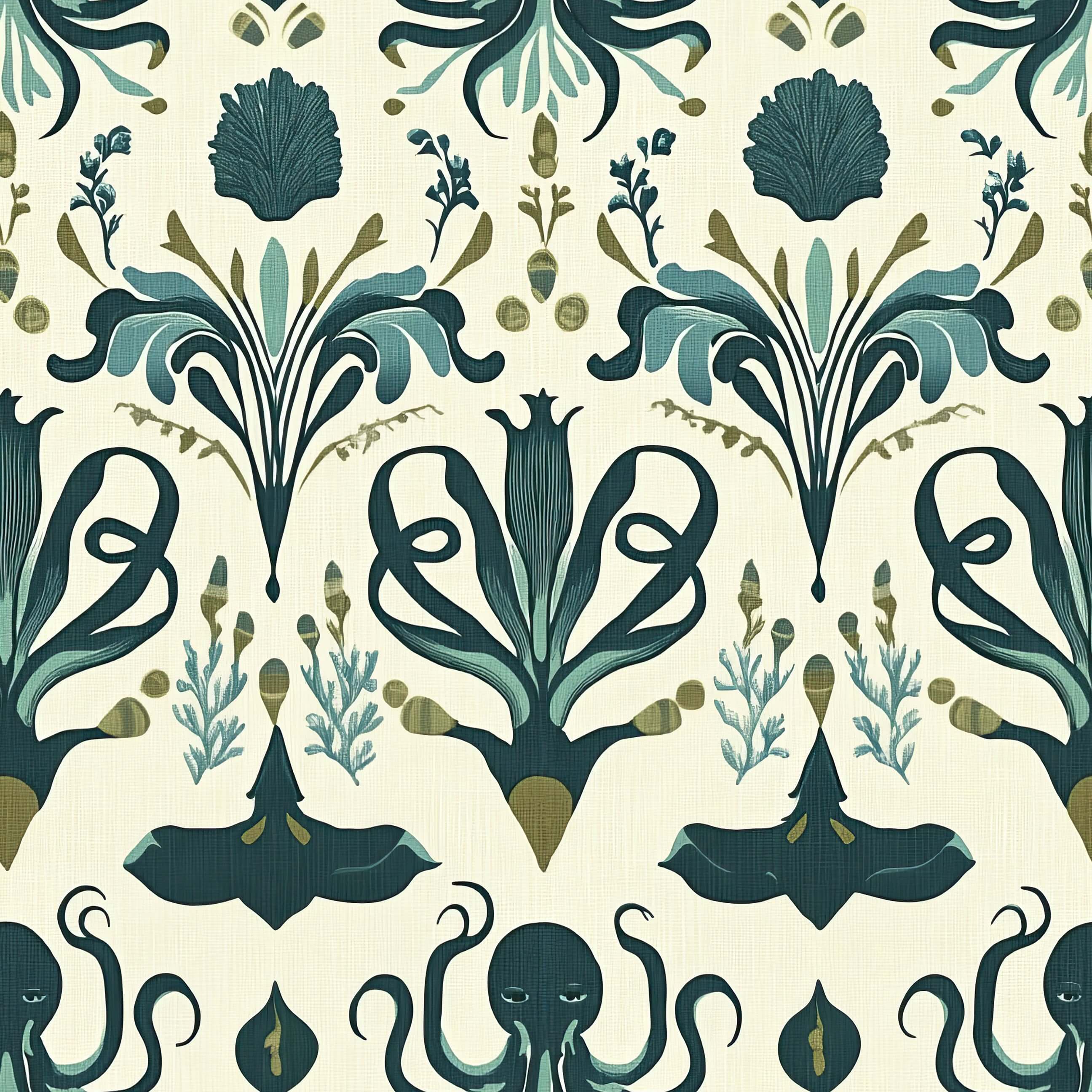 Mystic Ocean Damask wallpaper with octopus and marine designs in green and teal shades, perfect for a coastal-themed space.