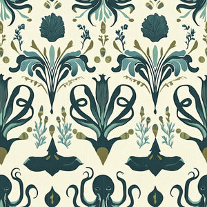 Mystic Ocean Damask wallpaper with octopus and marine designs in green and teal shades, perfect for a coastal-themed space.