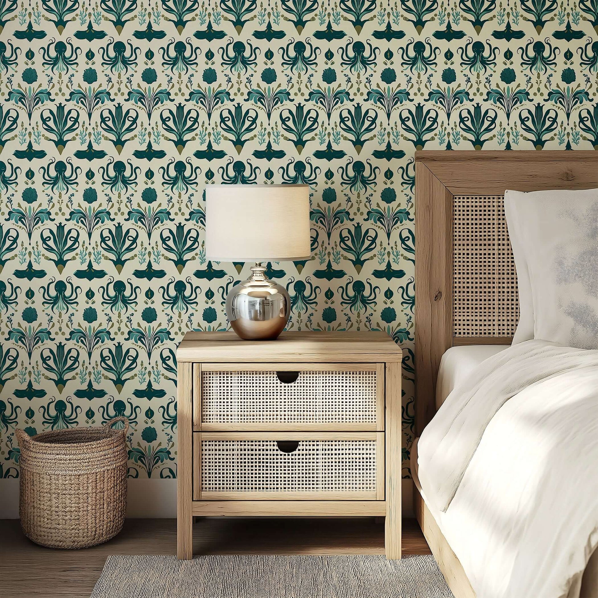 Mystic Ocean Damask wallpaper in a bedroom, featuring marine patterns with octopus, sting rays, and coastal charm in green and teal.