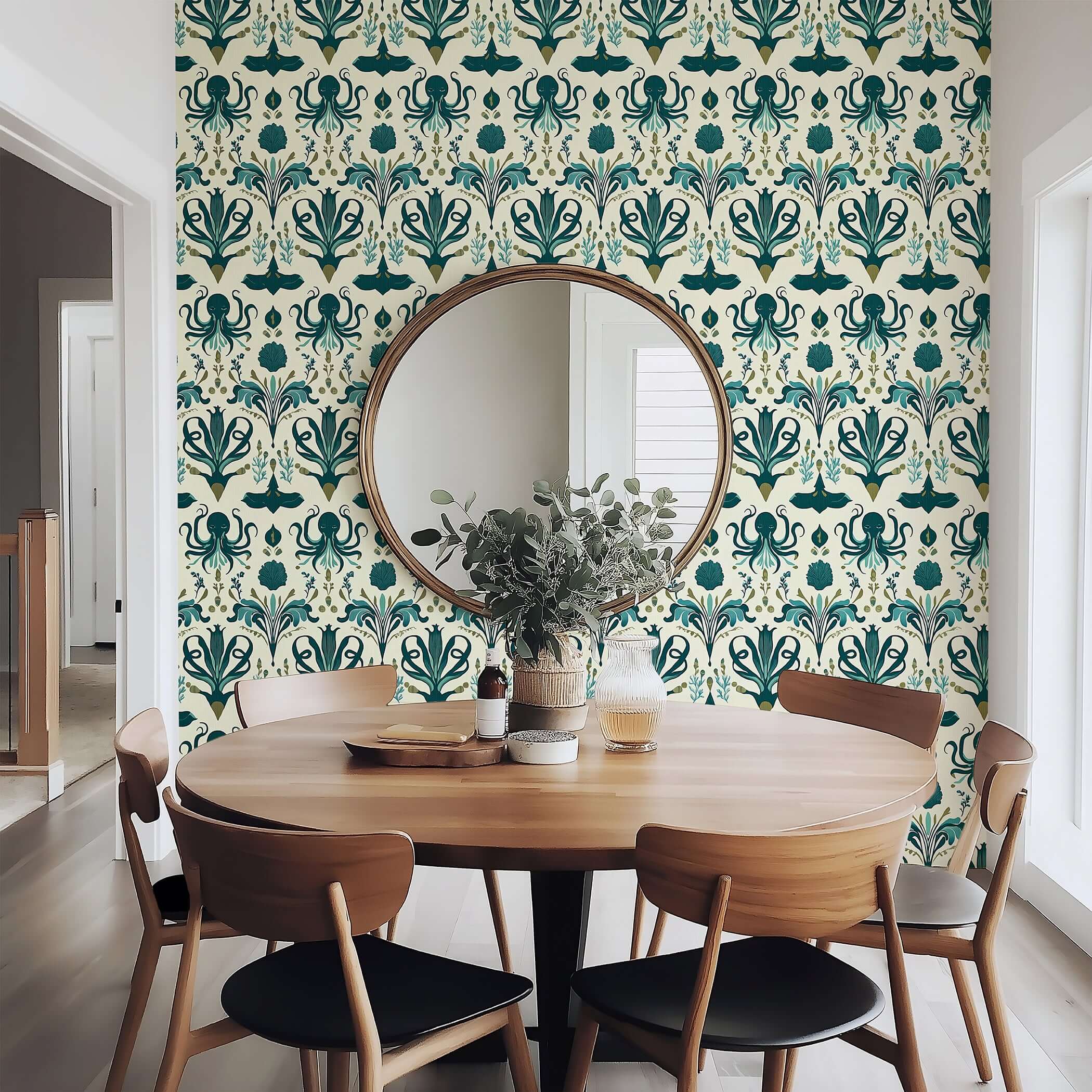 Dining room with Mystic Ocean Damask wallpaper featuring octopus and marine motifs in coastal green and teal hues.