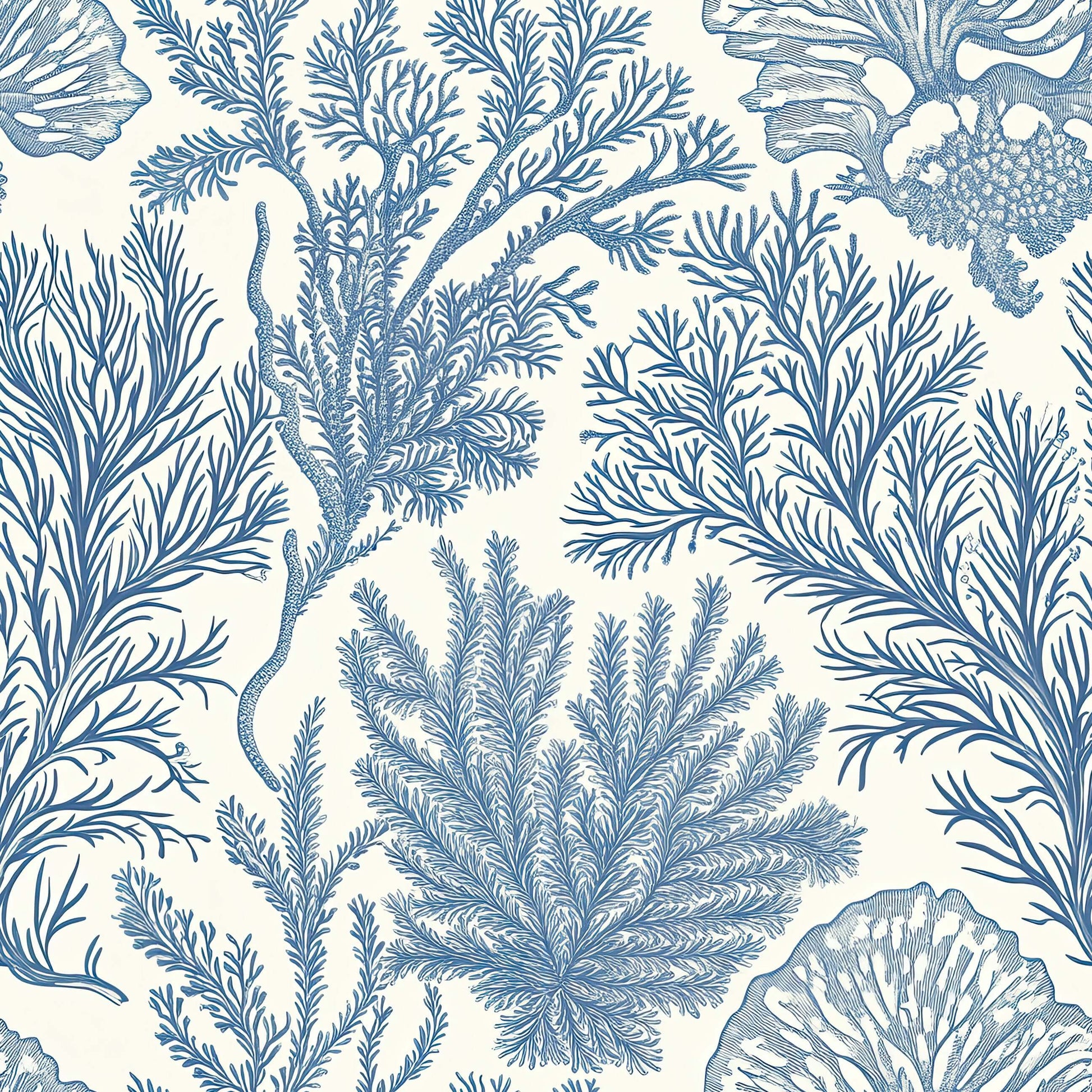 Elegant coastal wallpaper with blue marine flora patterns resembling coral on a creamy background, inspired by maritime and ocean themes.