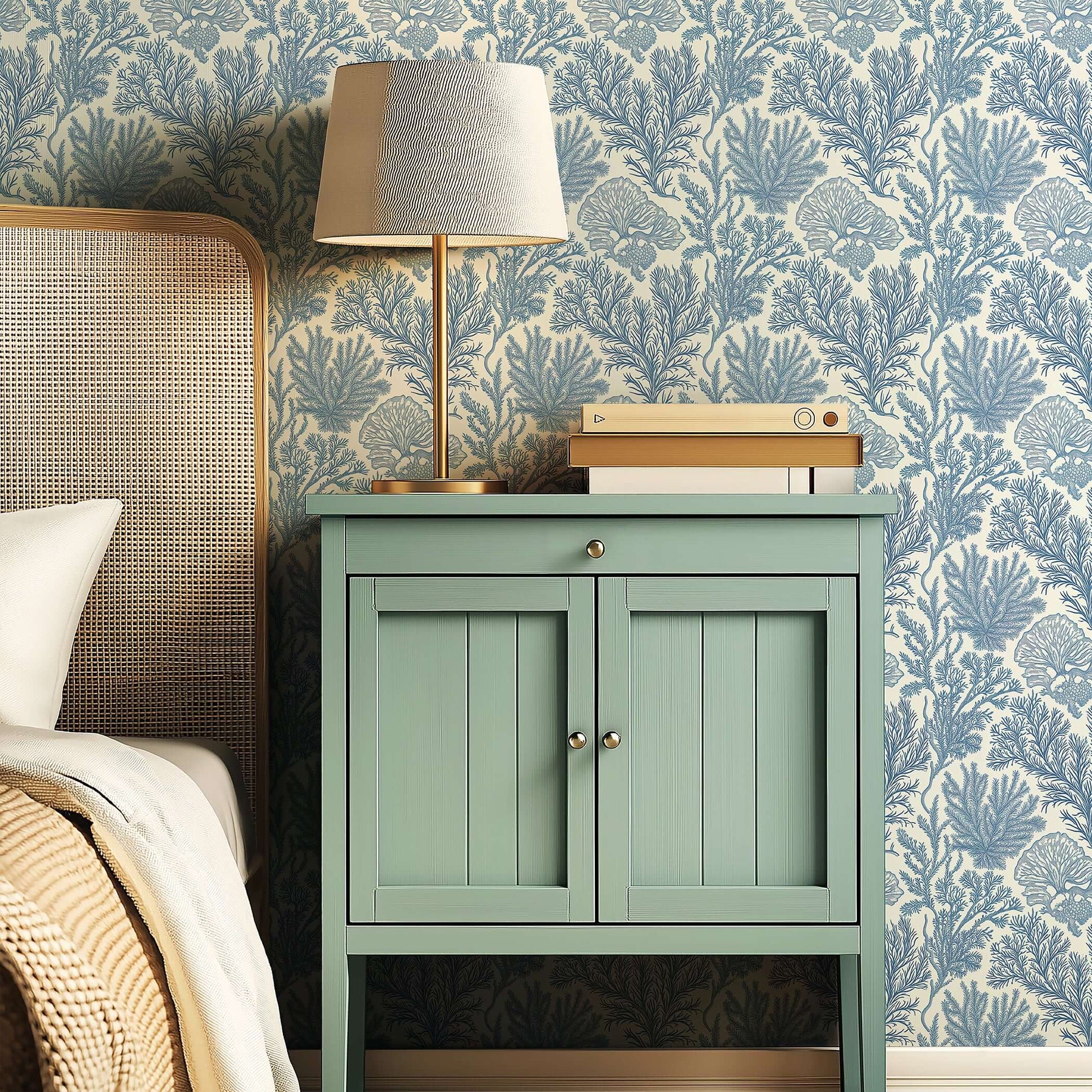 Blue marine-themed wallpaper with coral and ocean motifs behind a coastal-style nightstand with a lamp.
