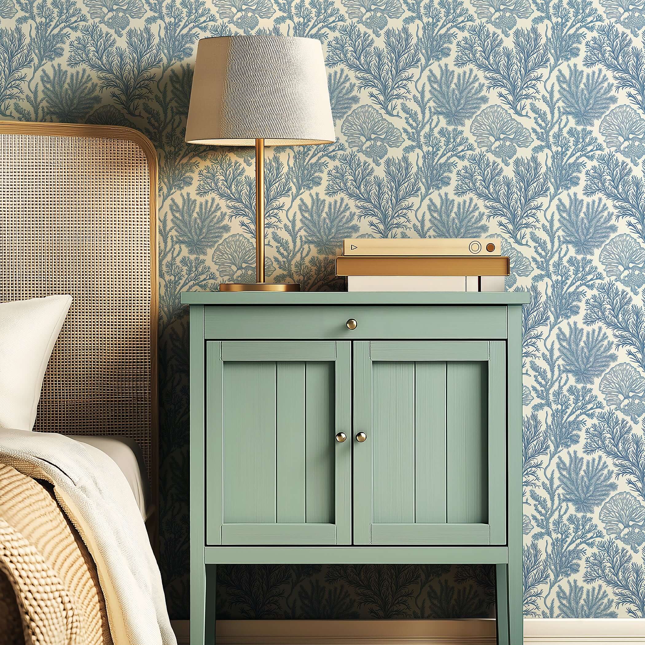 Blue marine-themed wallpaper with coral and ocean motifs behind a coastal-style nightstand with a lamp.