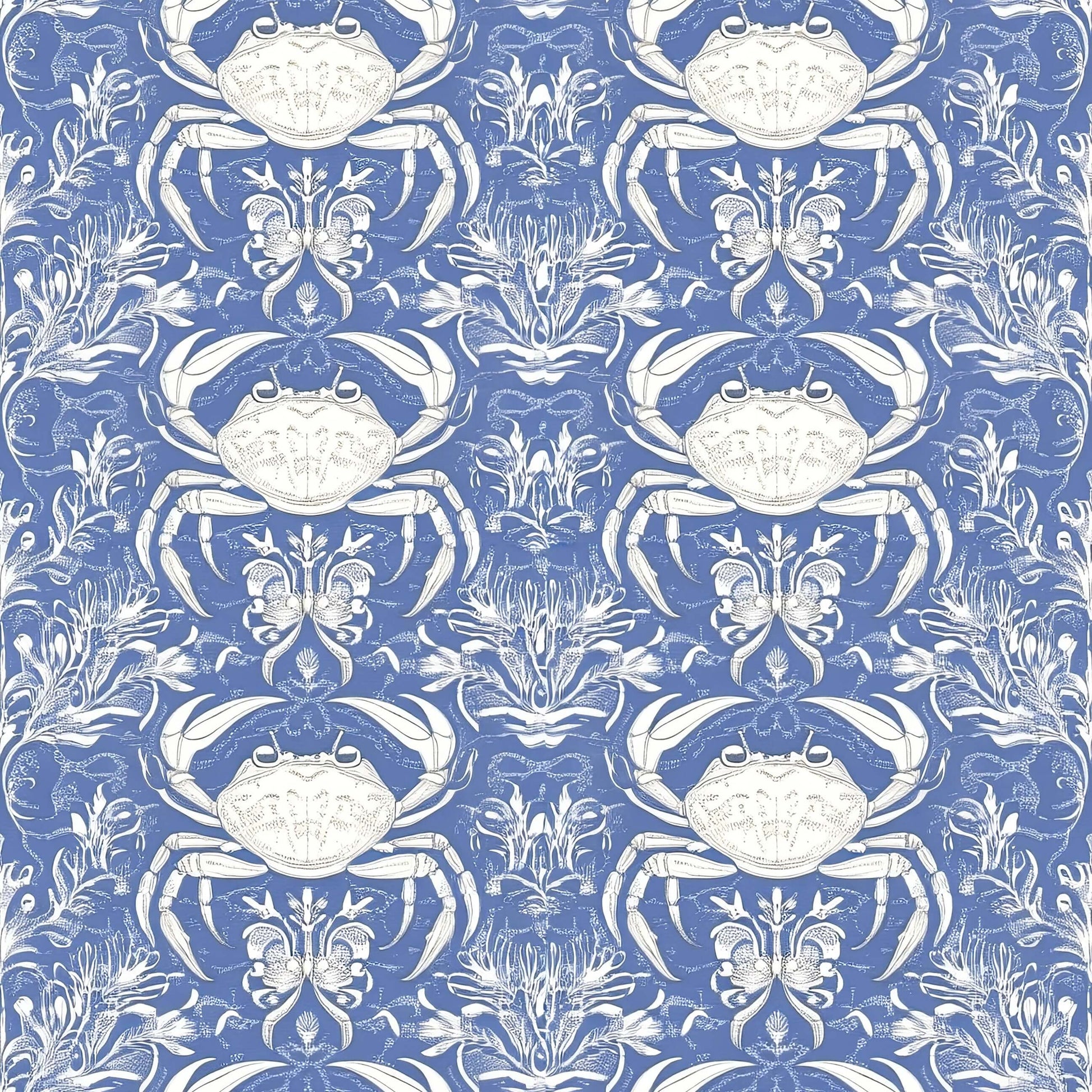 Crab Royale Damask wallpaper with white crabs and seaweed on coastal blue, perfect for marine and ocean-themed interiors.