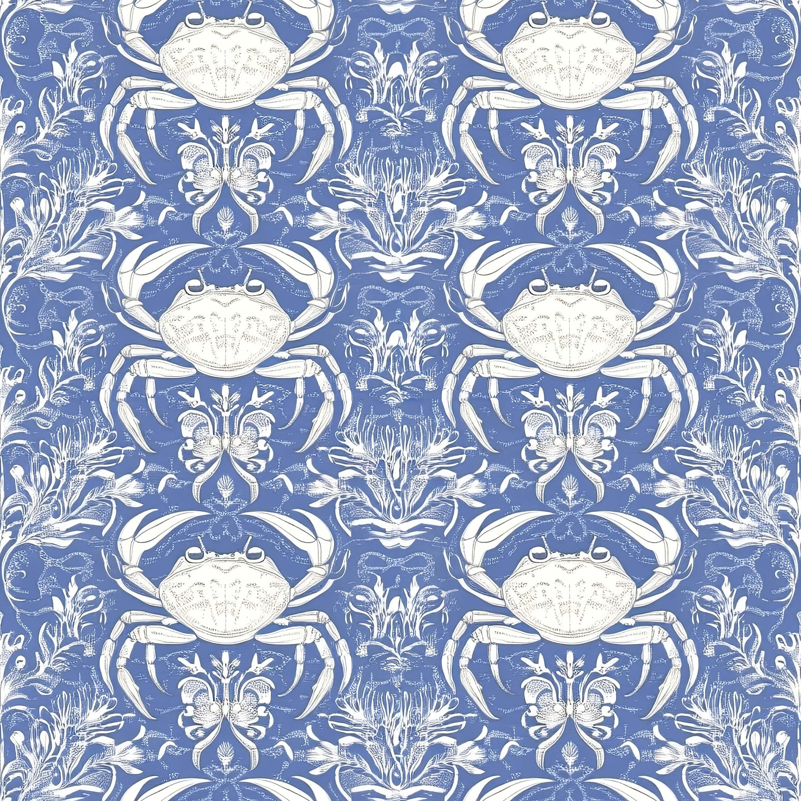 Crab Royale Damask wallpaper with white crabs and seaweed on coastal blue, perfect for marine and ocean-themed interiors.