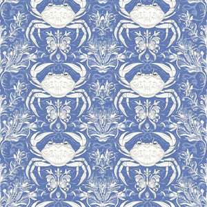 Crab Royale Damask wallpaper with white crabs and seaweed on coastal blue, perfect for marine and ocean-themed interiors.