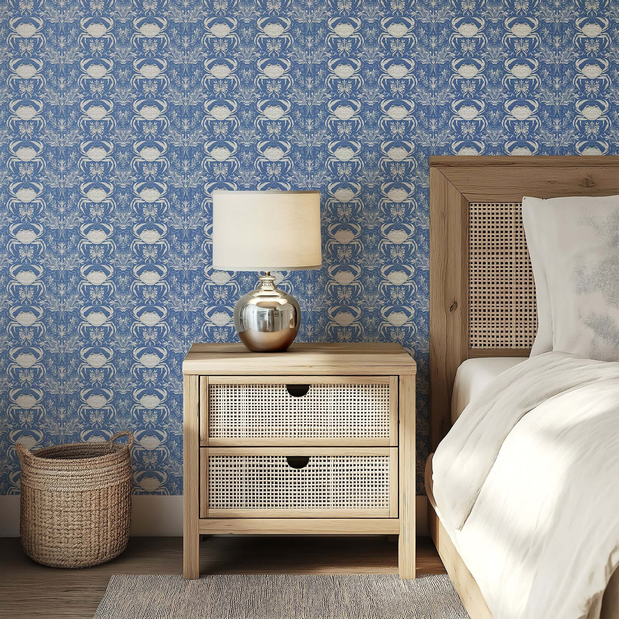 Crab Royale Damask wallpaper with white crab and seaweed design on coastal blue, perfect for ocean-themed interiors.