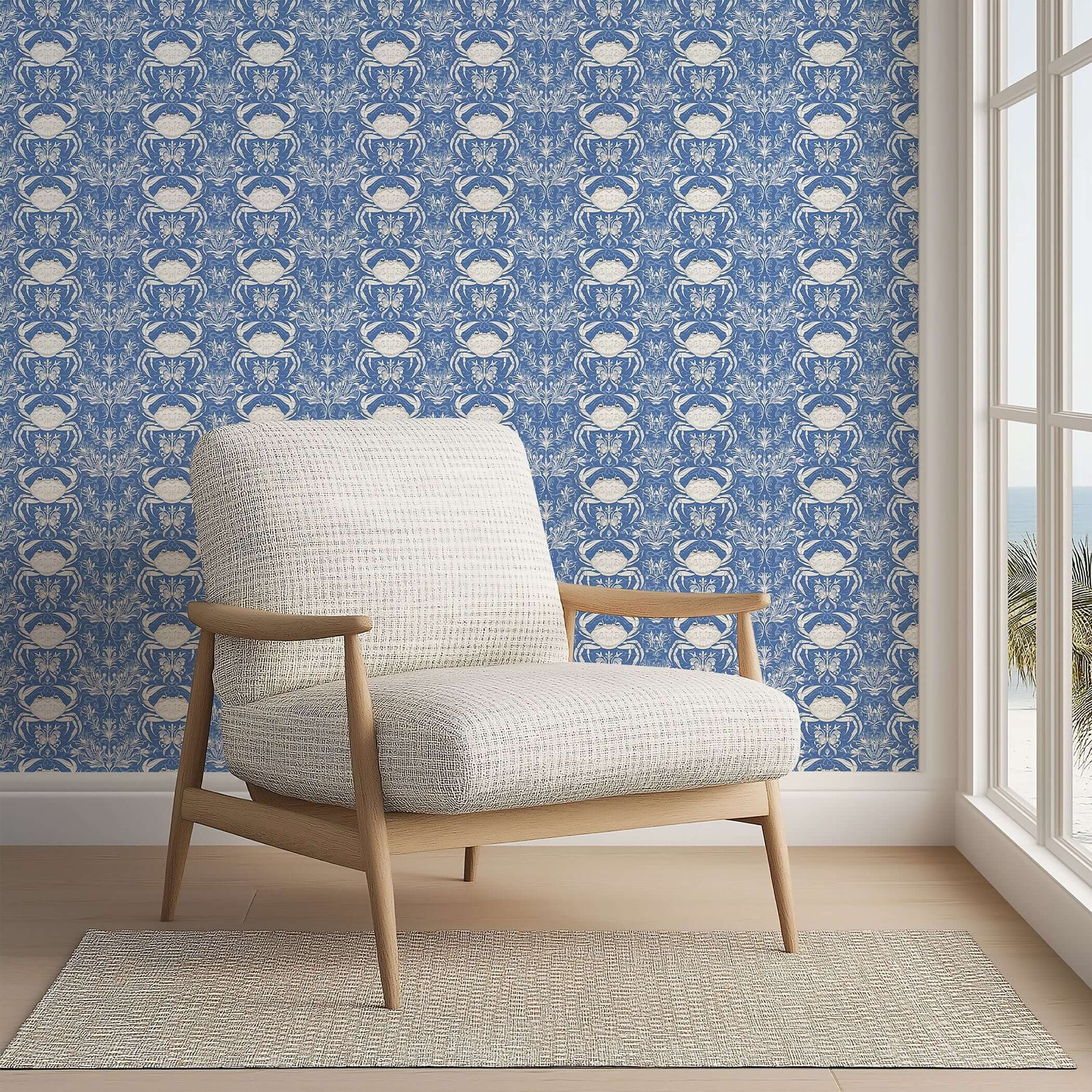 Coastal room featuring Crab Royale Damask Wallpaper with white crabs on blue, enhancing a marine and elegant aesthetic.