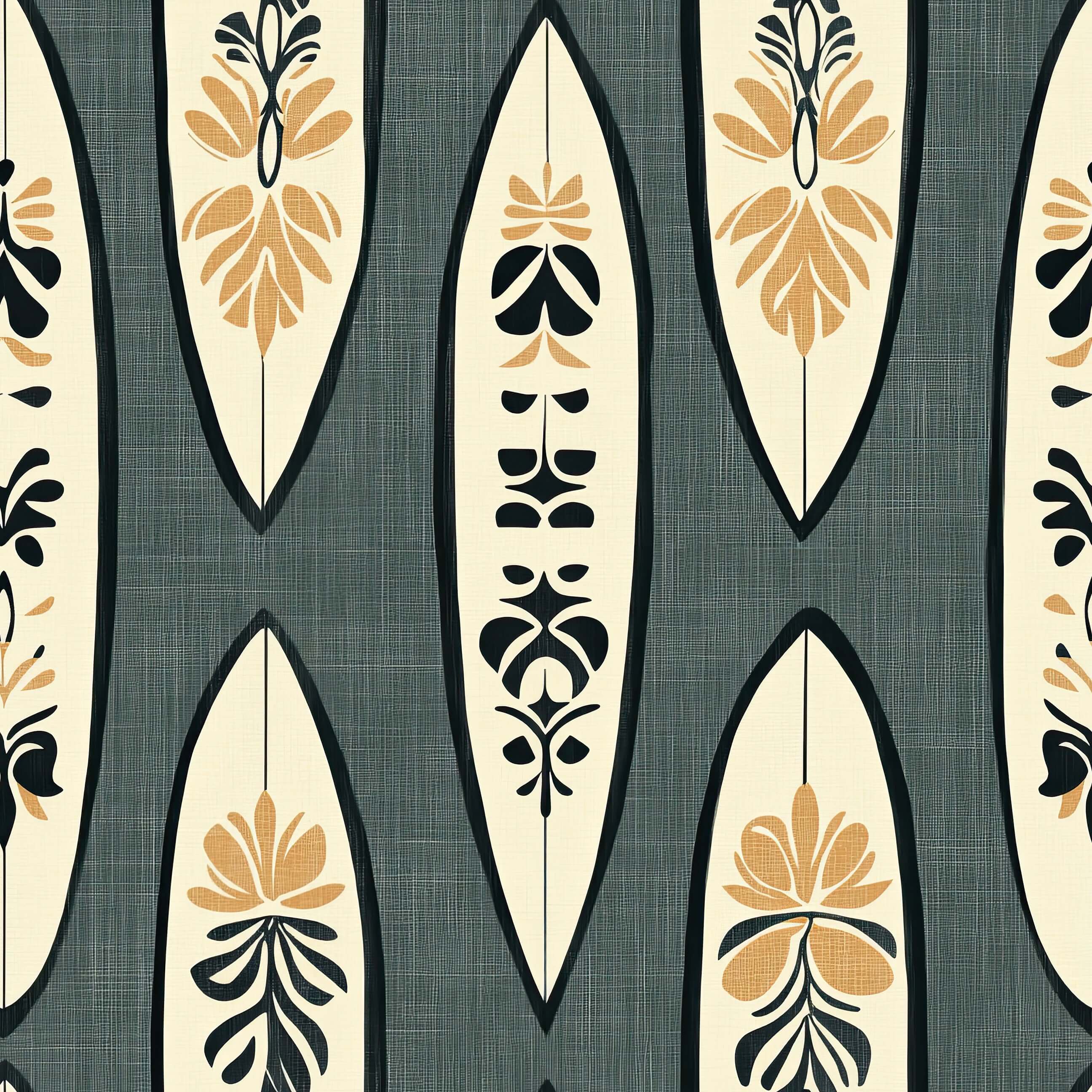 Surf Shack Chic wallpaper with vintage surfboards and botanical designs on a charcoal-gray background, perfect for coastal themes.