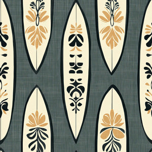 Surf Shack Chic wallpaper with vintage surfboards and botanical designs on a charcoal-gray background, perfect for coastal themes.