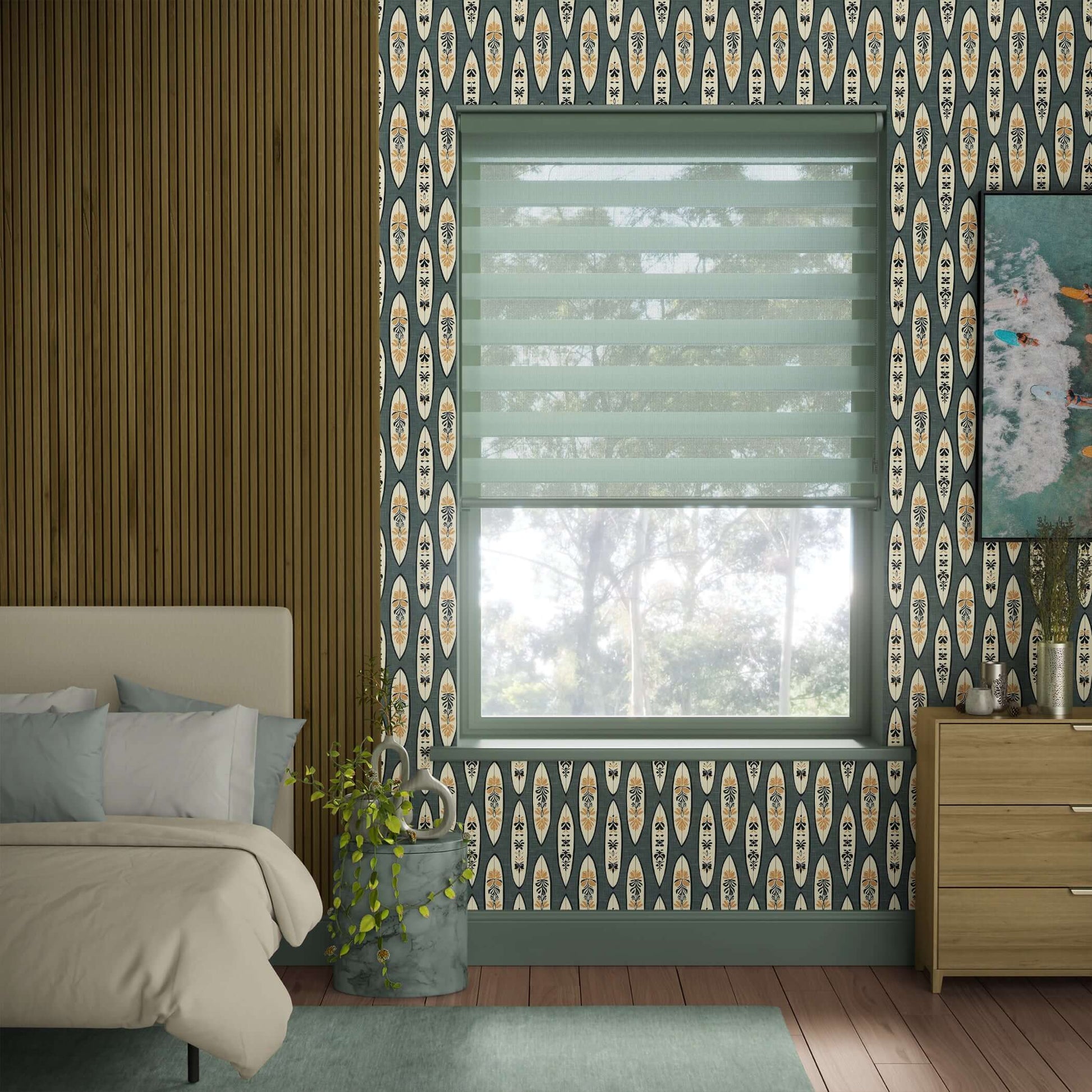 Surf Shack Chic wallpaper with vintage surfboard and botanical patterns in a coastal bedroom, featuring ocean and mid-century modern style.