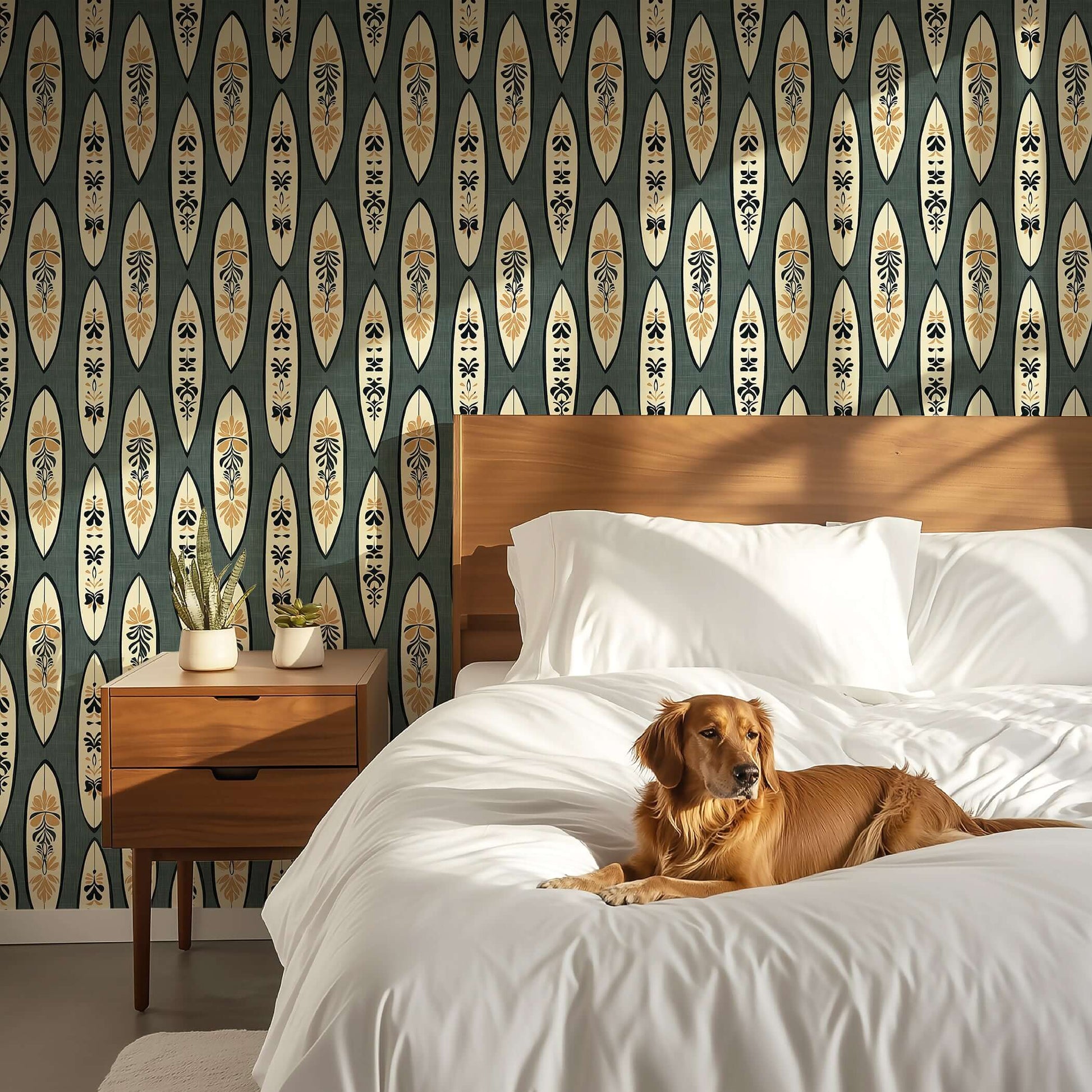 Surf Shack Chic wallpaper with vintage surfboards and botanical designs in a modern bedroom, emphasizing a coastal and mid-century-modern style.