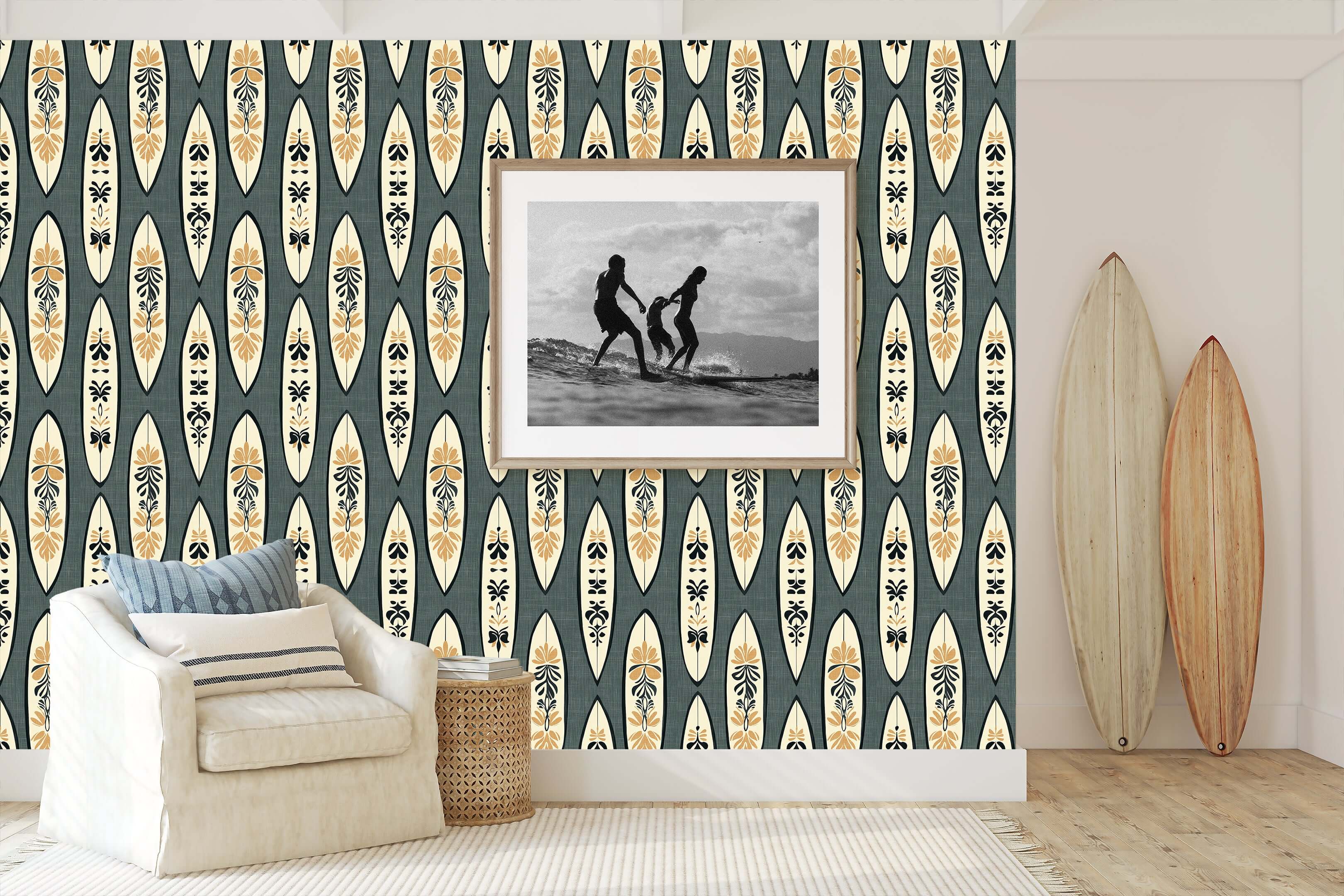 Surf Shack Chic wallpaper featuring vintage surfboards and botanical designs, ideal for coastal and mid-century modern interiors.
