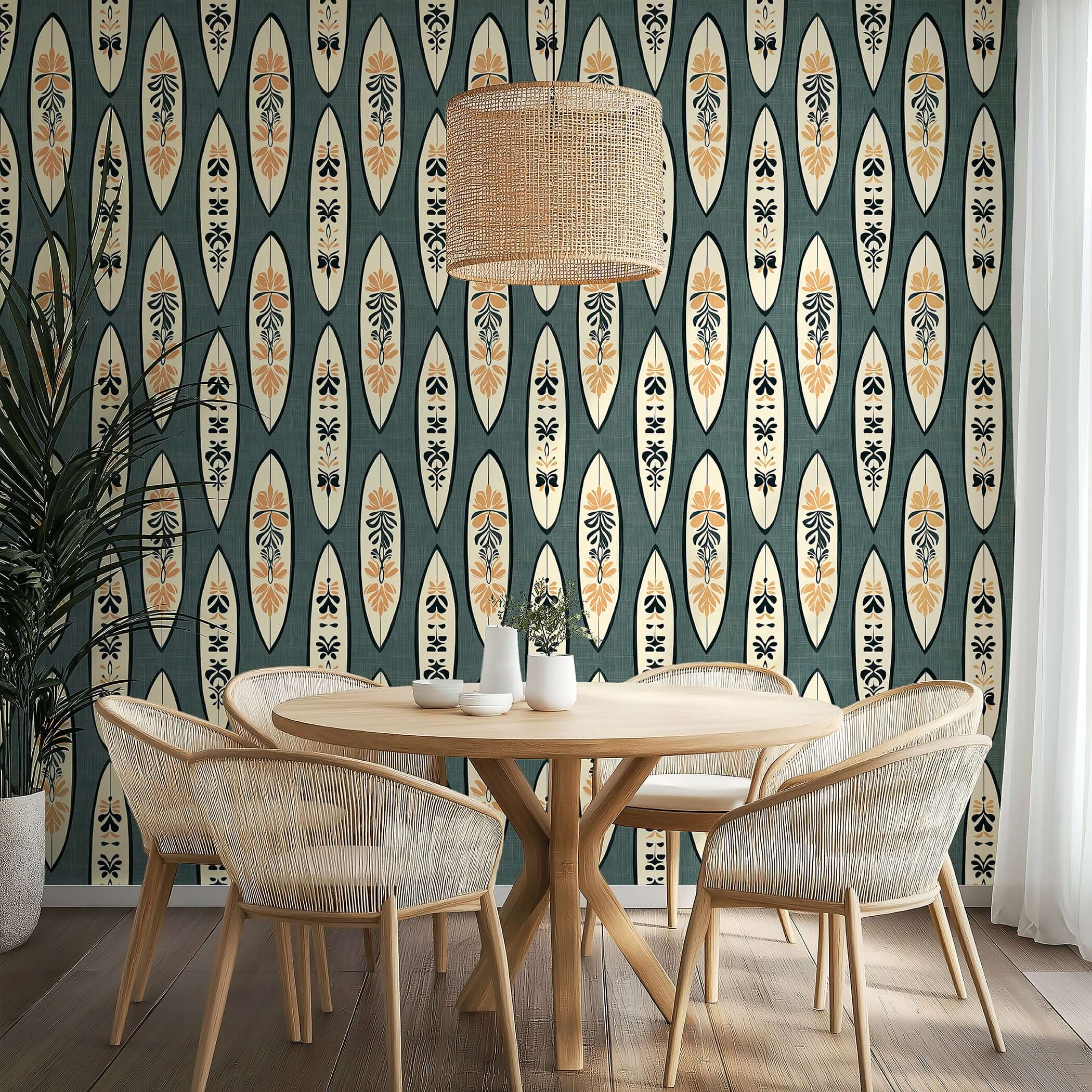 Surf Shack Chic wallpaper with vintage surfboard pattern, deep charcoal-gray and cream tones ideal for mid-century modern coastal decor.