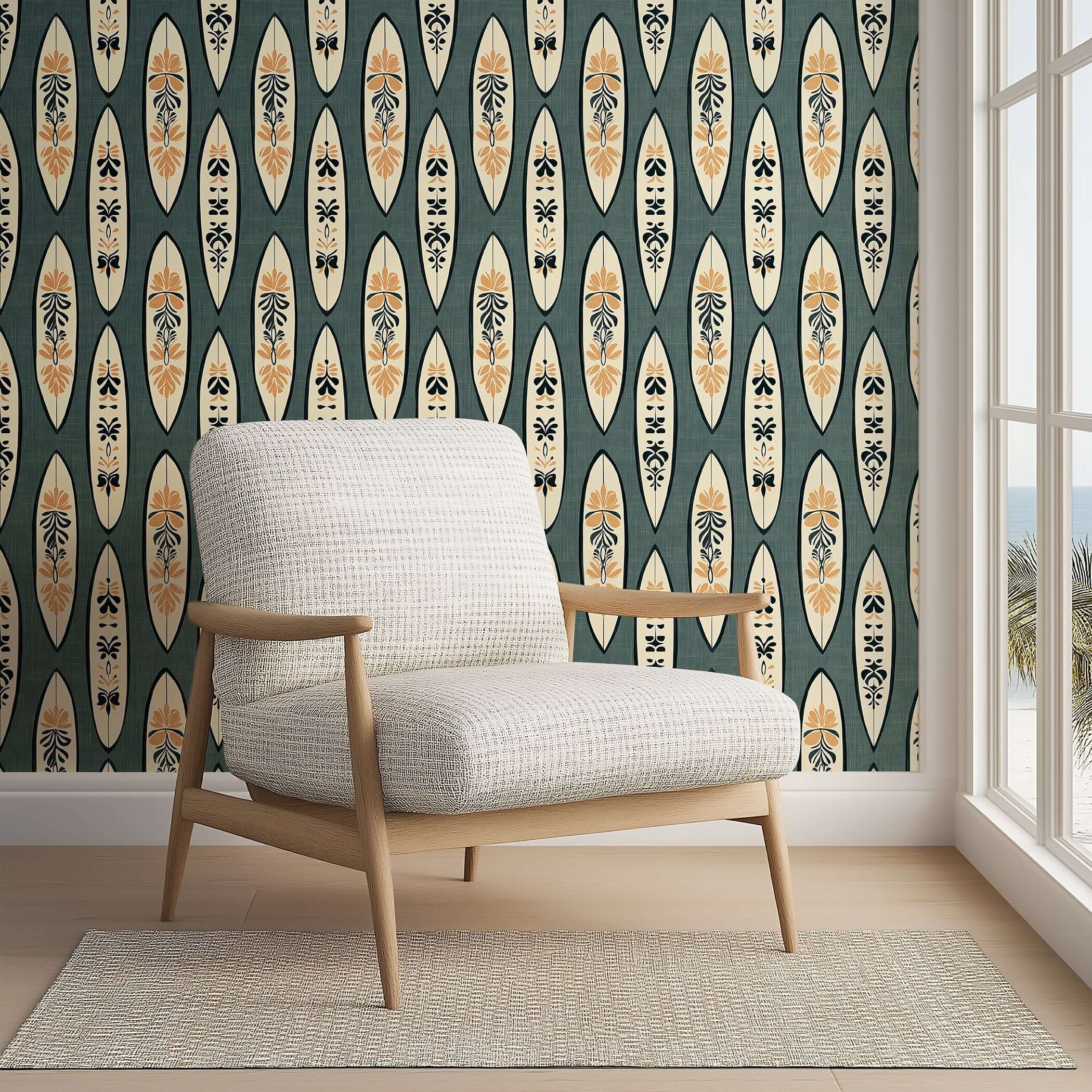 Mid-century modern room with Surf Shack Chic wallpaper featuring surfboards and botanical design on charcoal background.
