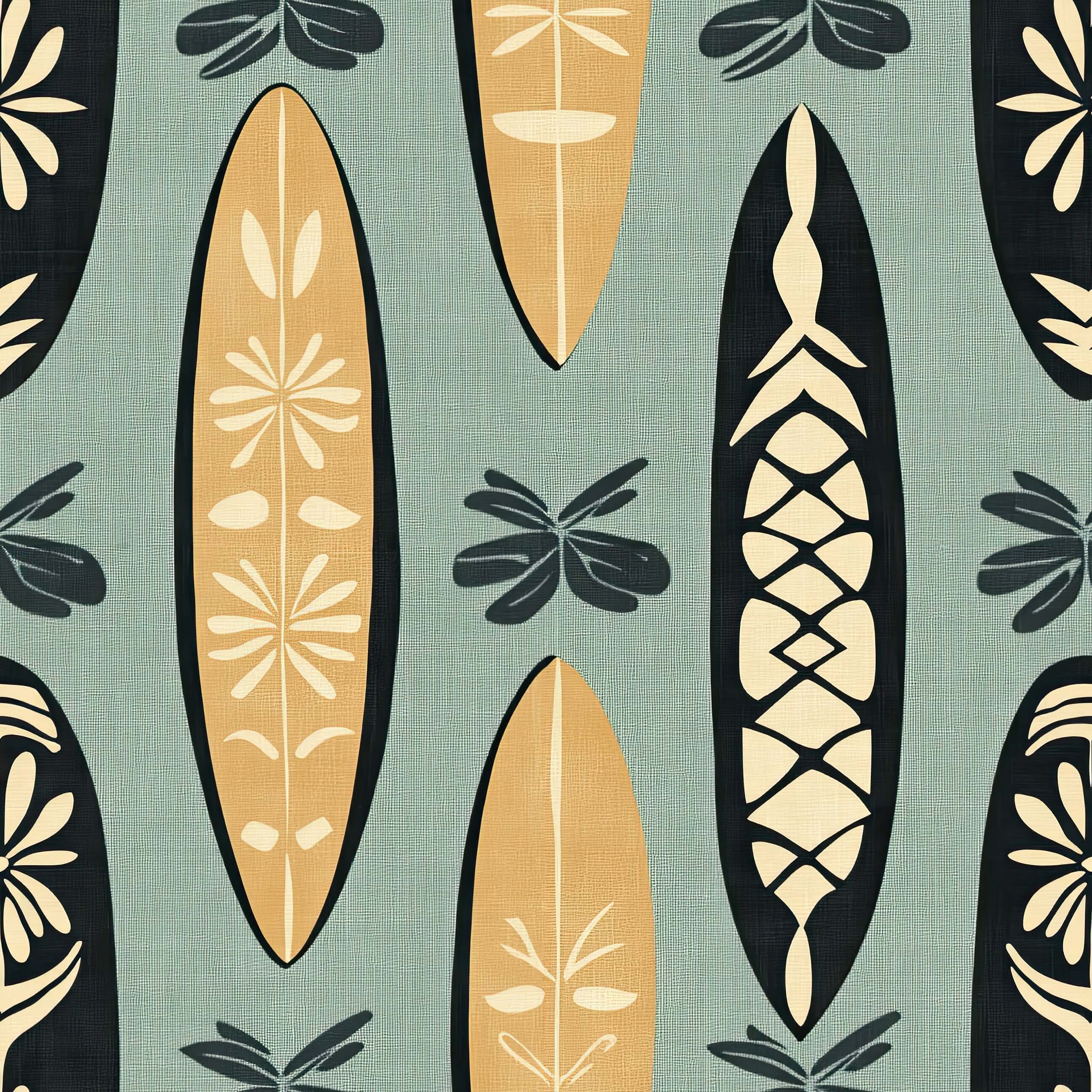 Aloha Boards wallpaper featuring surfboards with tropical motifs on a textured backdrop, ideal for coastal and beach-themed decor.