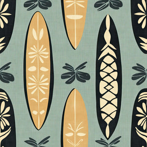 Aloha Boards wallpaper featuring surfboards with tropical motifs on a textured backdrop, ideal for coastal and beach-themed decor.