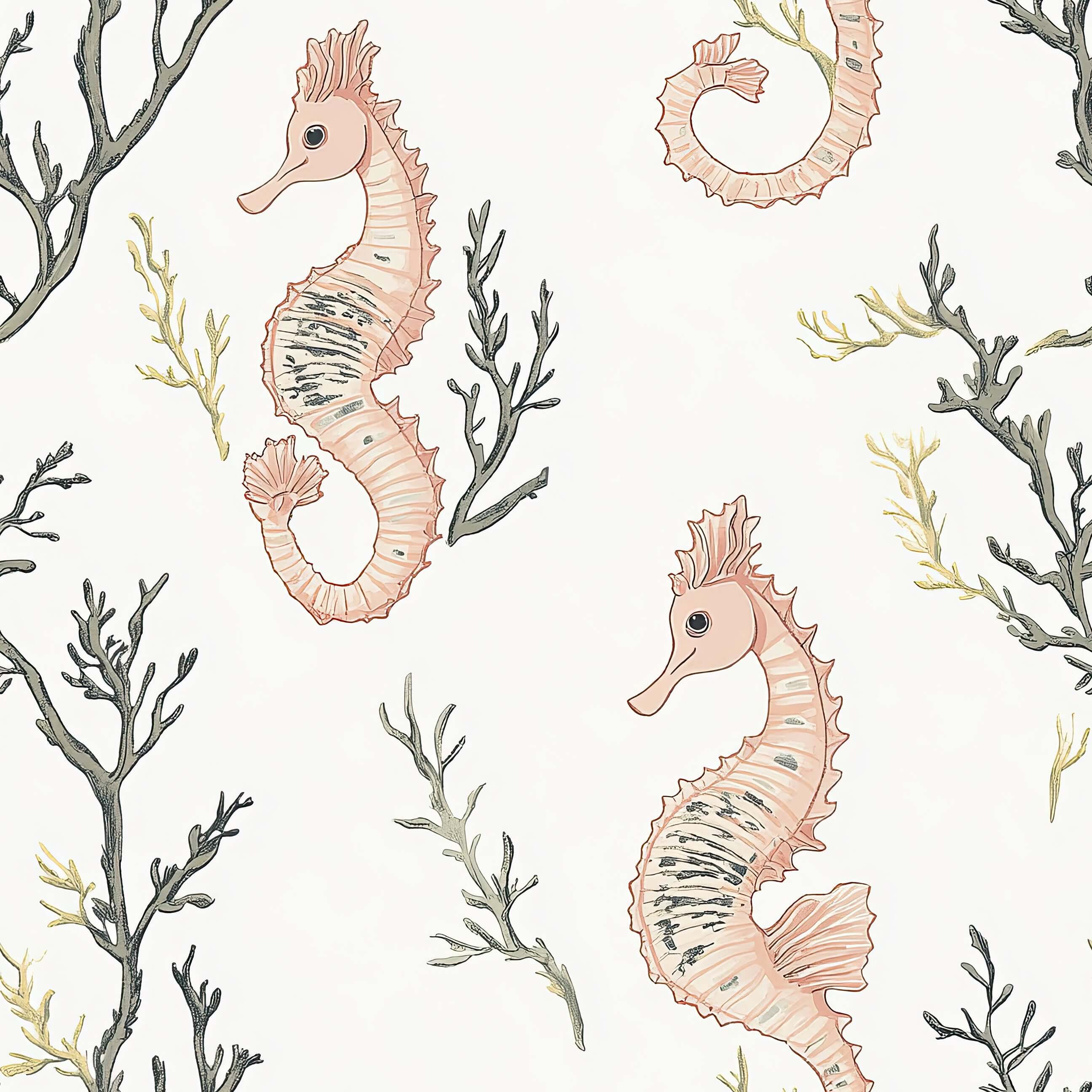 Seahorse Serenity wallpaper with peach-toned seahorses, hand-drawn coral, and seaweed on a pale background, perfect for coastal decor.