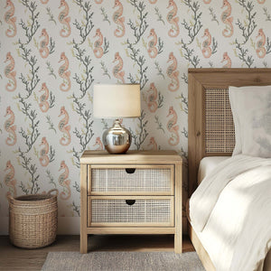 Seahorse Serenity wallpaper featuring peach seahorses and seaweed on a coastal design, ideal for nurseries and beach houses.