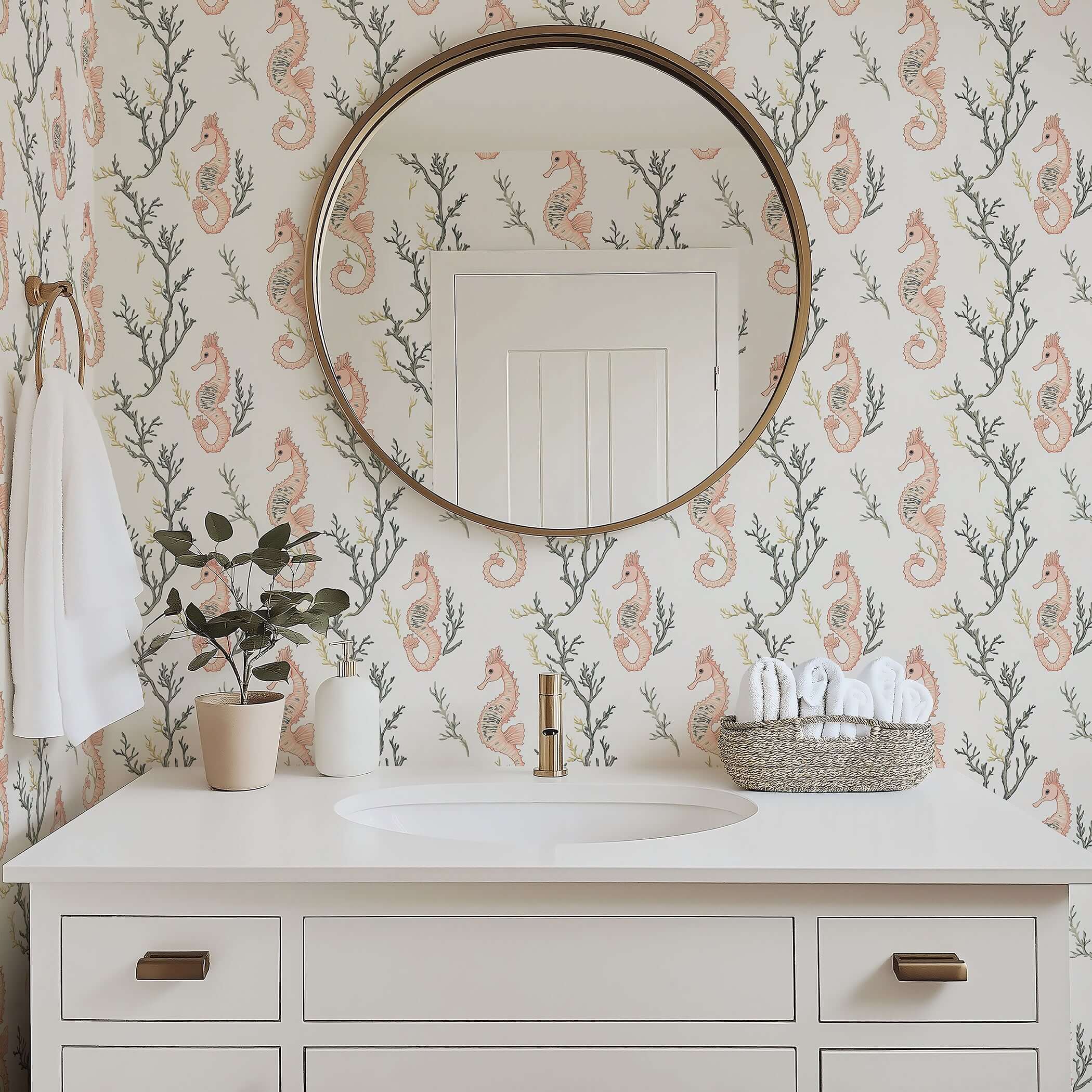 Seahorse Serenity Wallpaper in a bathroom setting with hand-drawn coral, peach seahorses, and ocean-inspired design enhancing coastal decor.