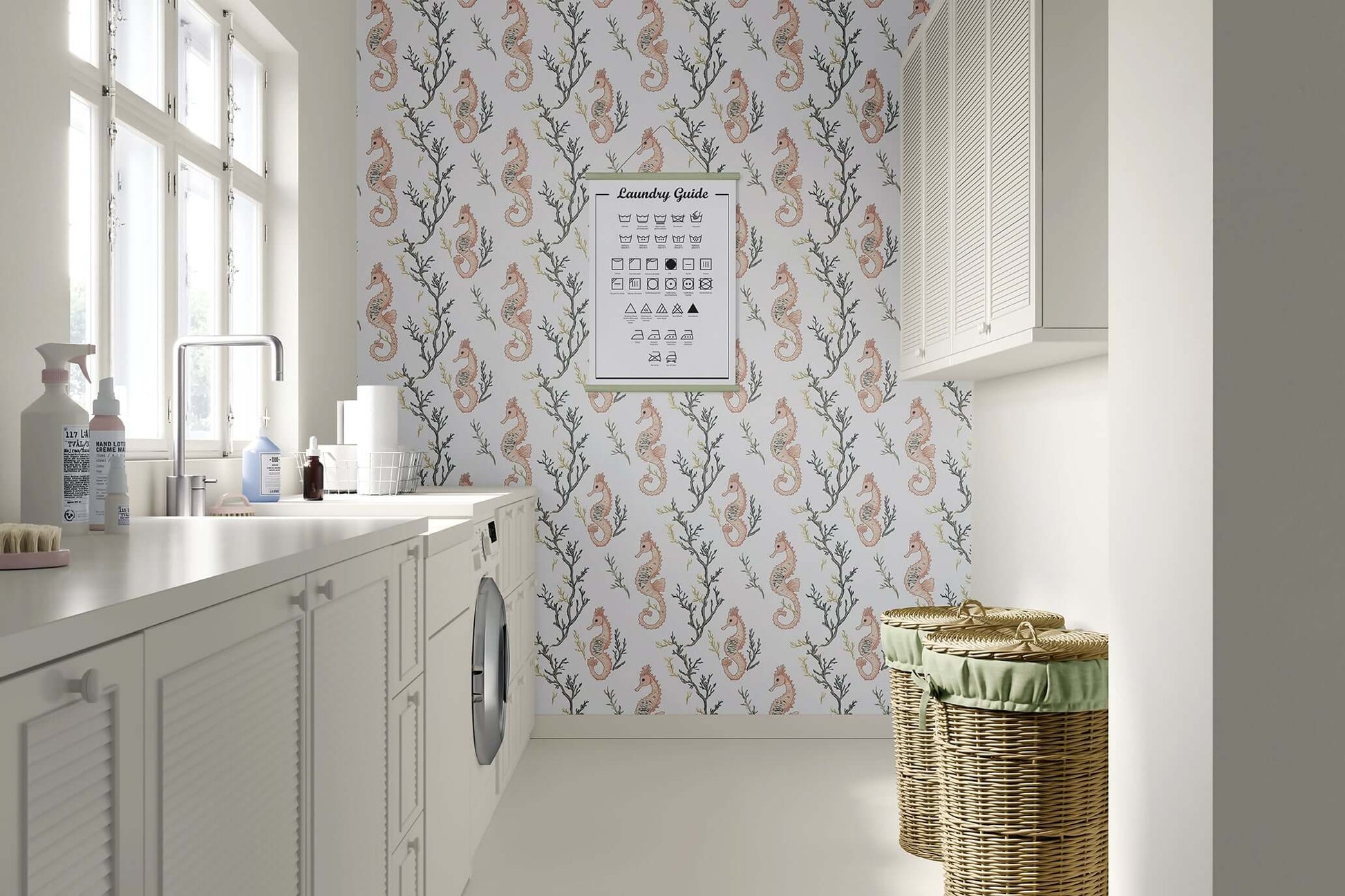 Laundry room featuring Seahorse Serenity wallpaper with coral and peach seahorses, creating a coastal marine atmosphere.