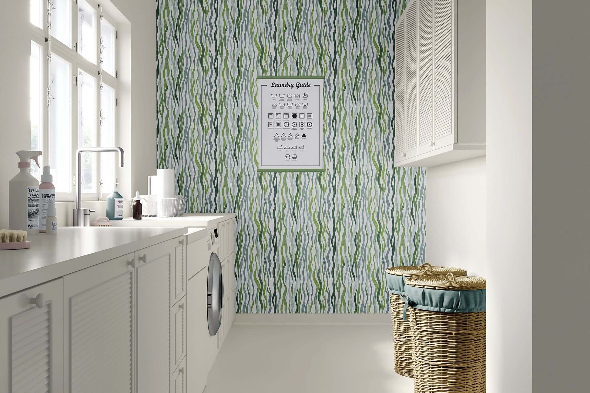Laundry room featuring Kelp Cascade wallpaper with green ocean-inspired kelp design adding coastal elegance to the space.