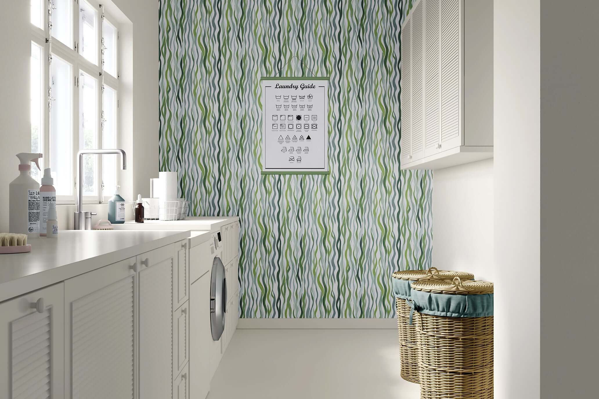 Laundry room featuring Kelp Cascade wallpaper with green ocean-inspired kelp design adding coastal elegance to the space.