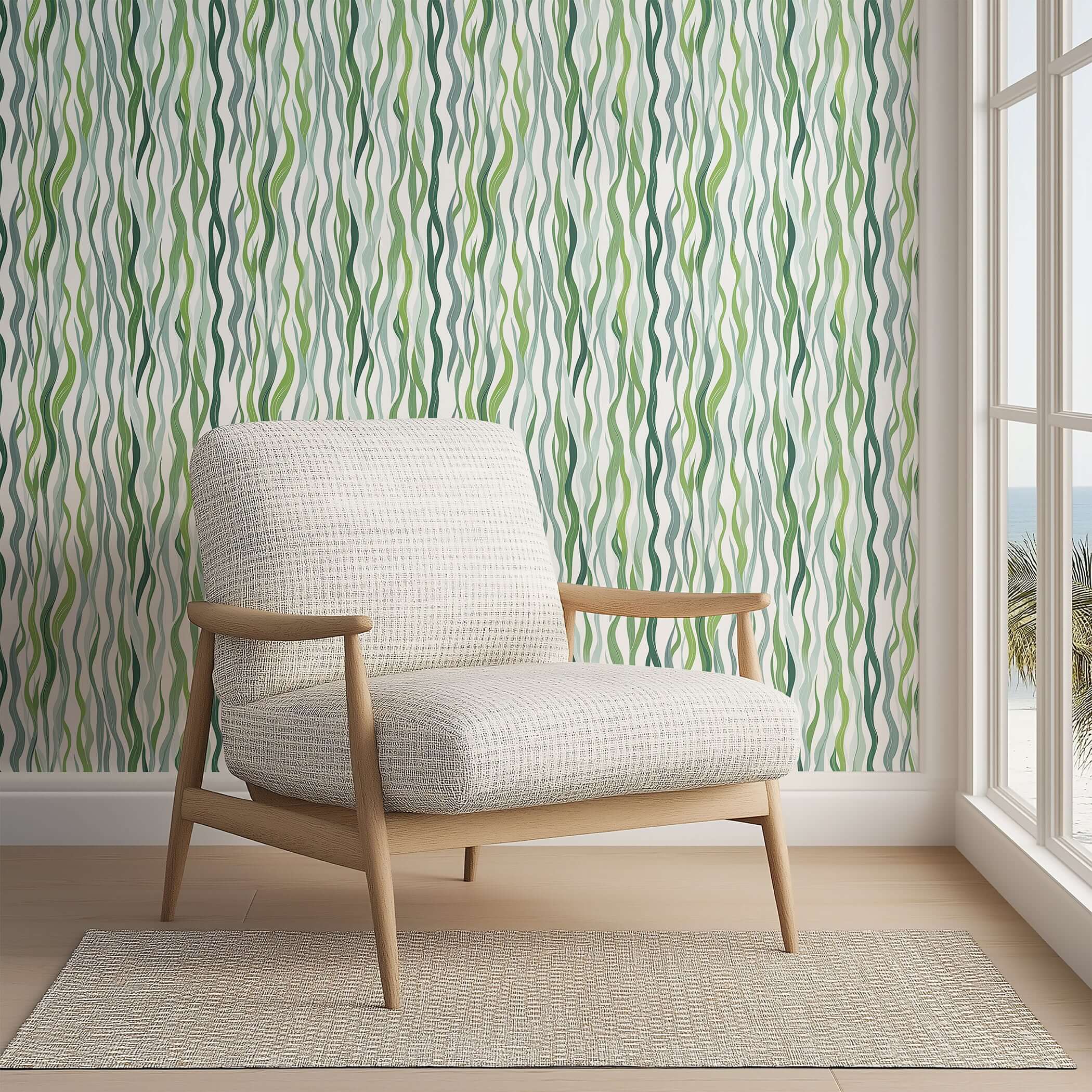 Coastal-themed room with green kelp cascade wallpaper and modern armchair, creating an oceanic sanctuary. Keywords: kelp, ocean, marine.
