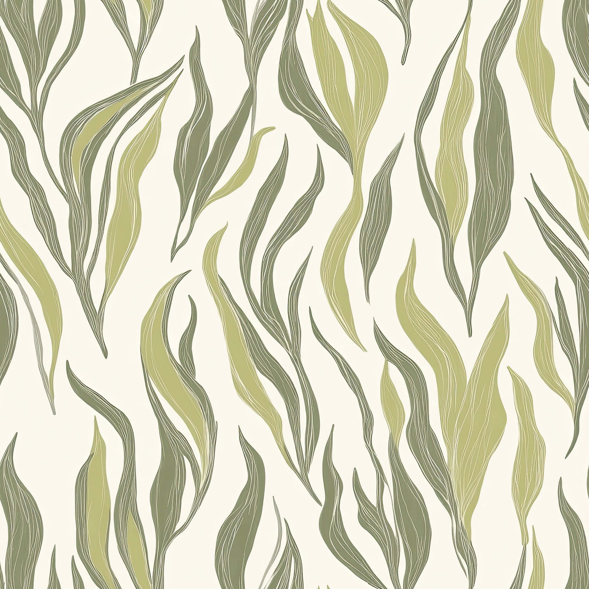 Sea grass wallpaper with green botanical blades, evoking coastal and marine themes, perfect for abstract and ocean-inspired decor.