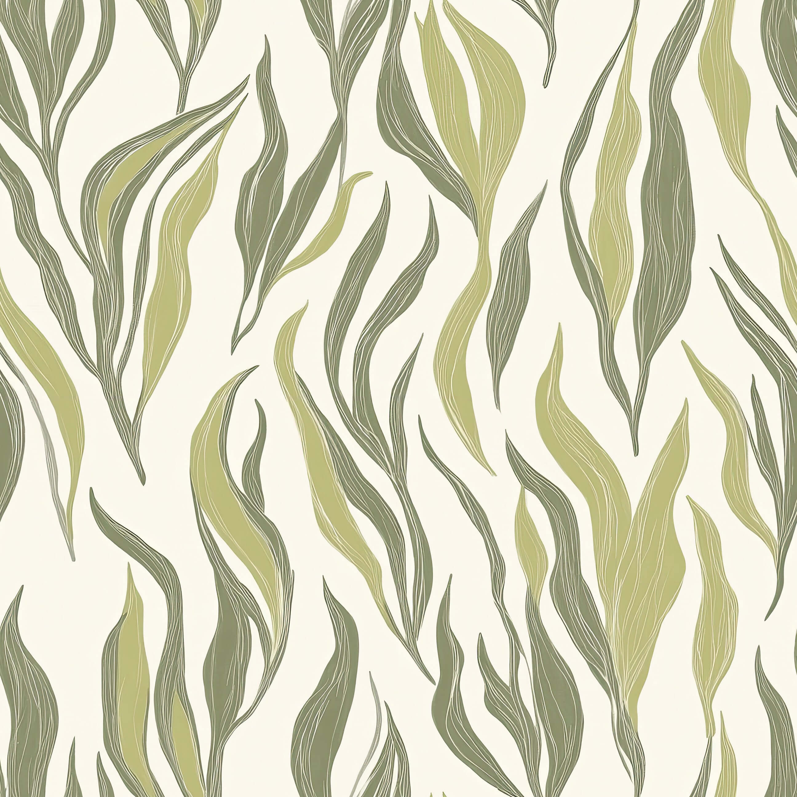 Sea grass wallpaper with green botanical blades, evoking coastal and marine themes, perfect for abstract and ocean-inspired decor.