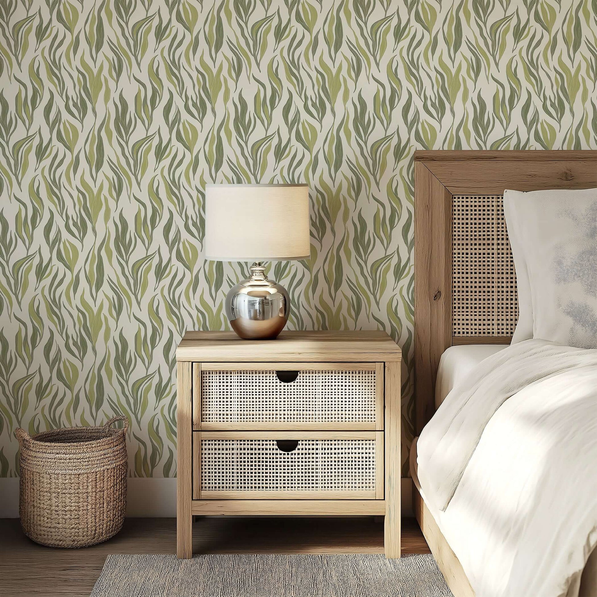 Coastal bedroom with sea grass wallpaper featuring abstract marine design, wicker furniture, and calming ocean-inspired decor.
