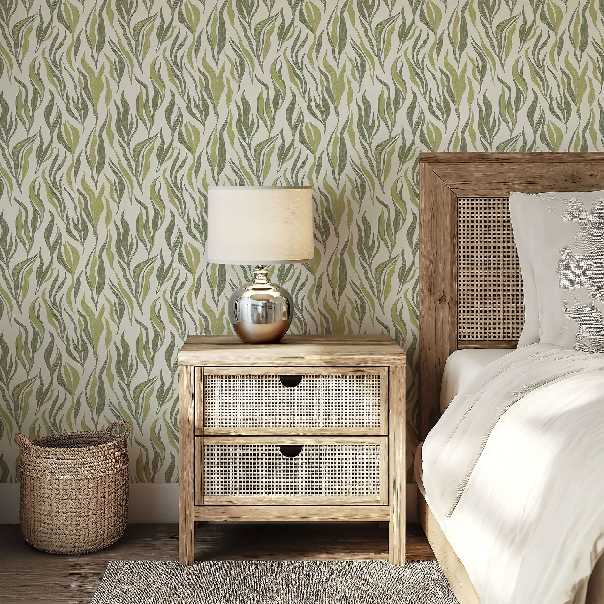 Coastal bedroom with sea grass wallpaper featuring abstract marine design, wicker furniture, and calming ocean-inspired decor.