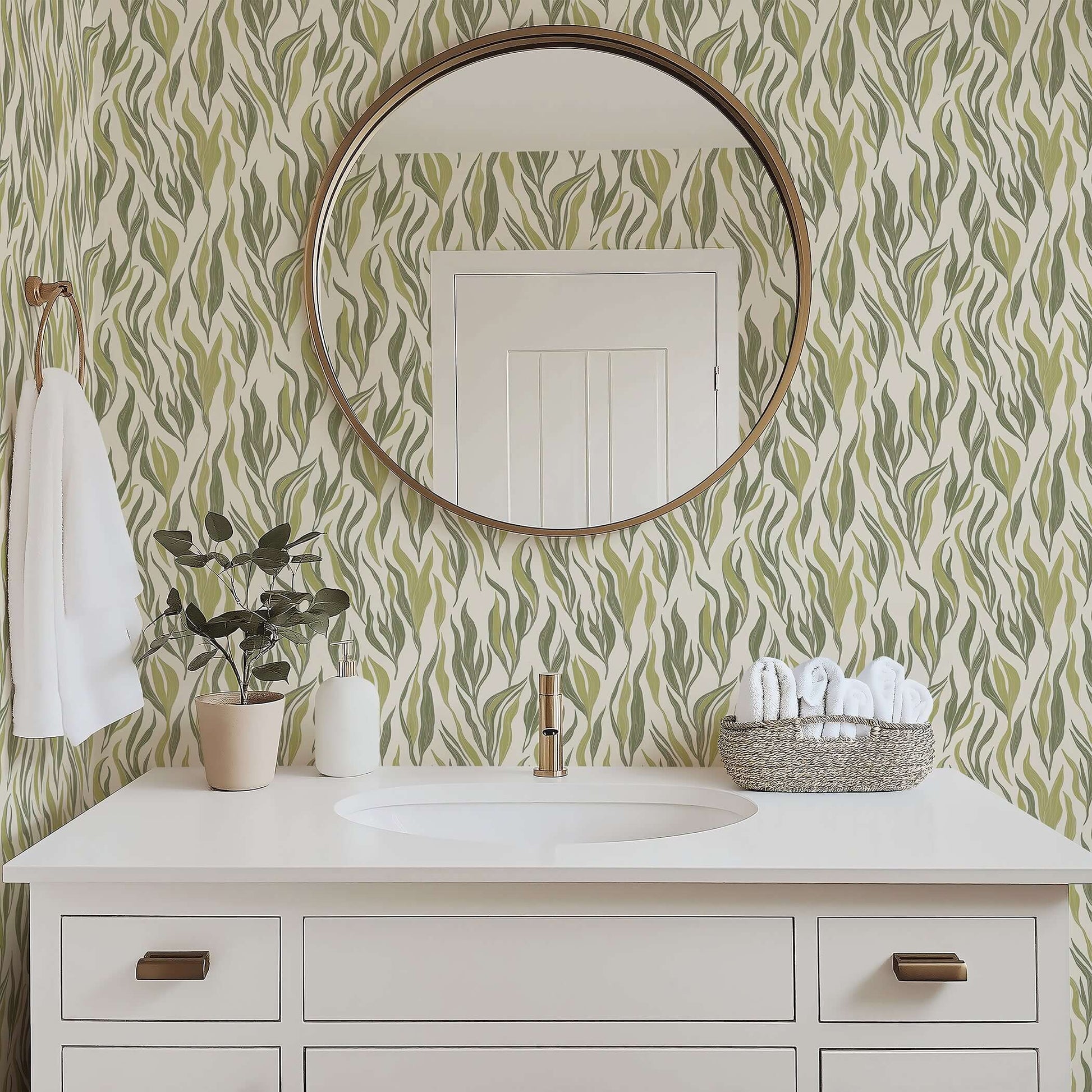 Bathroom with sea grass abstract coastal wallpaper and elegant decor, featuring ocean-inspired green botanical design.