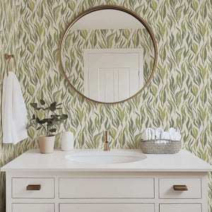 Bathroom with sea grass abstract coastal wallpaper and elegant decor, featuring ocean-inspired green botanical design.