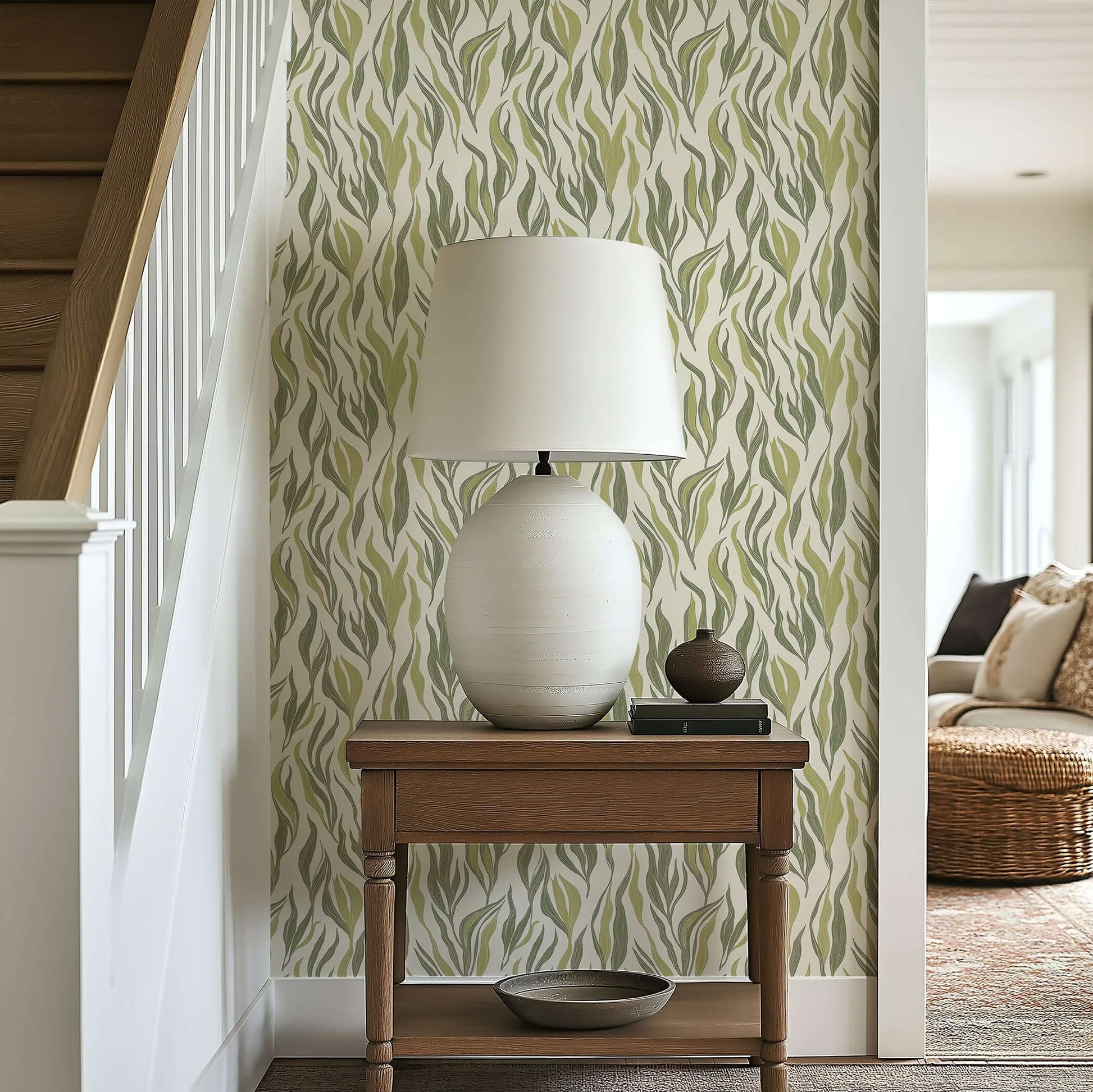 Coastal wallpaper with sea grass design adds marine tranquility, featuring elegant green botanical blades, perfect for beach homes and bathrooms.