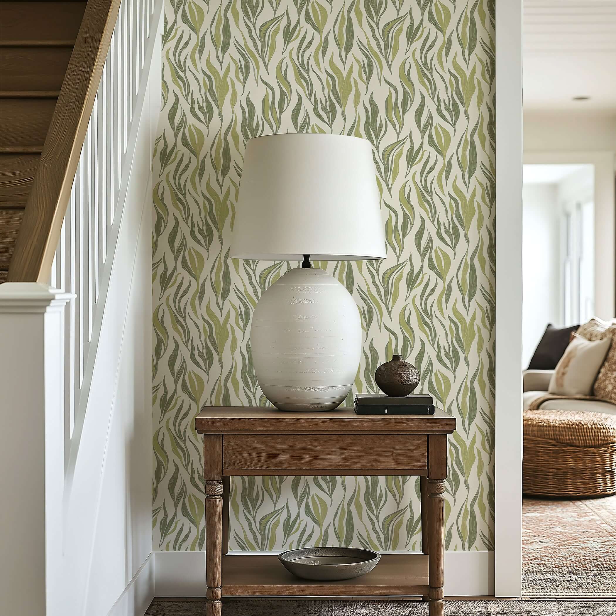 Coastal wallpaper with sea grass design adds marine tranquility, featuring elegant green botanical blades, perfect for beach homes and bathrooms.
