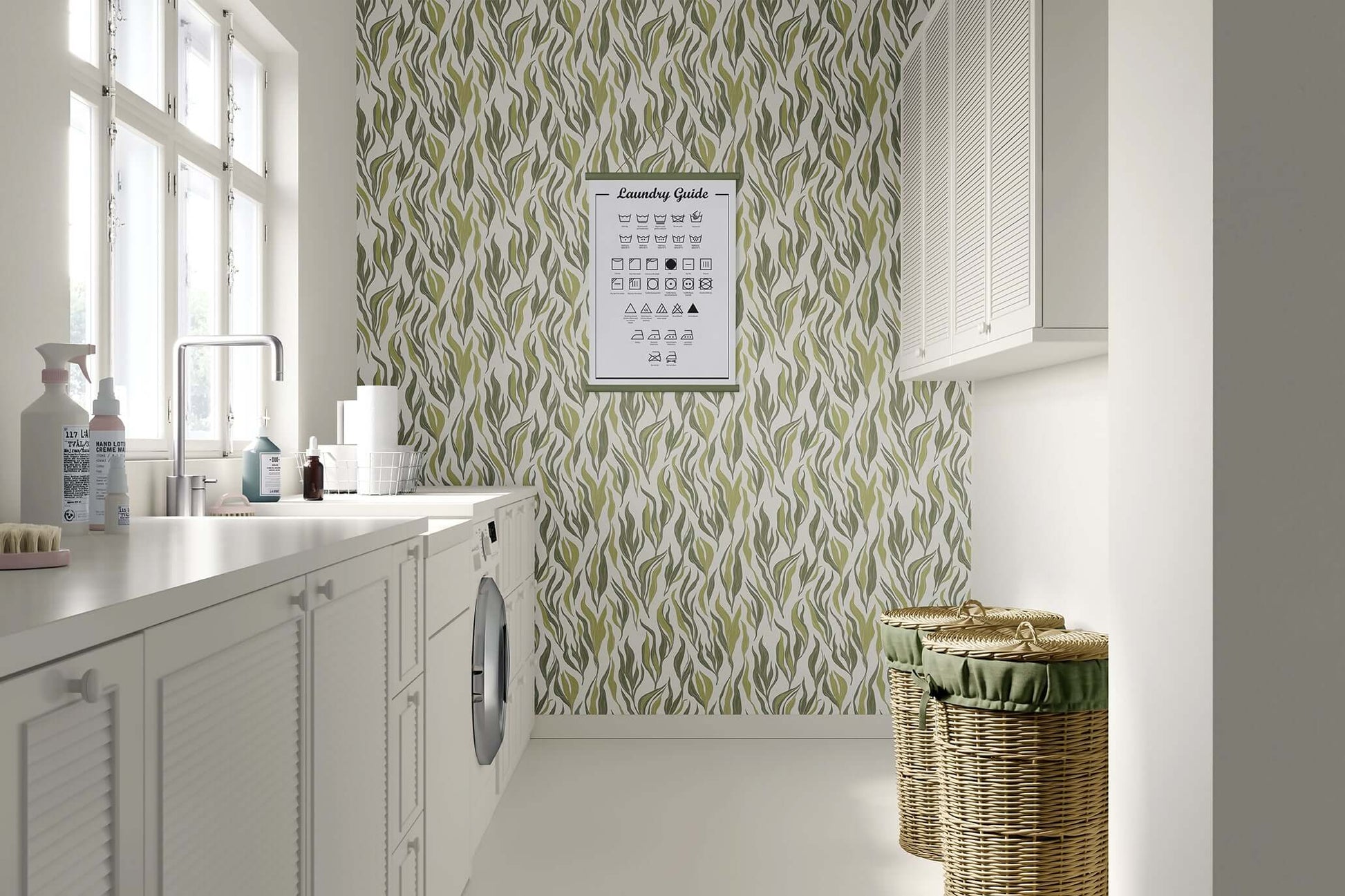 Laundry room with sea grass wallpaper featuring green botanical blades for a coastal and marine-inspired interior design.