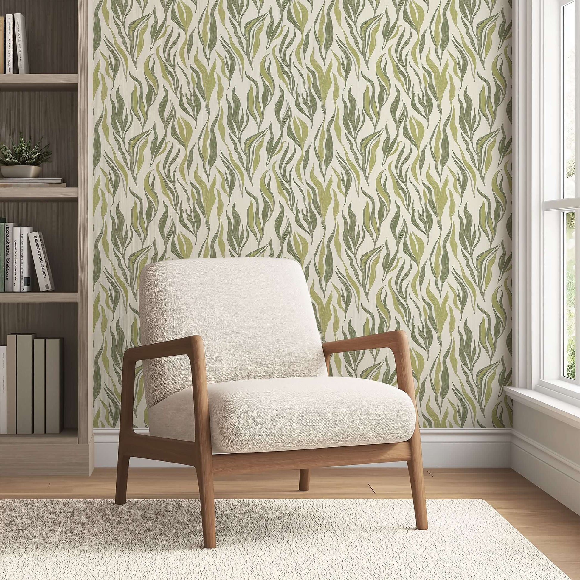 Sea Grass wallpaper featuring green botanical blades in an abstract design, adding a coastal, marine touch to a stylish interior.