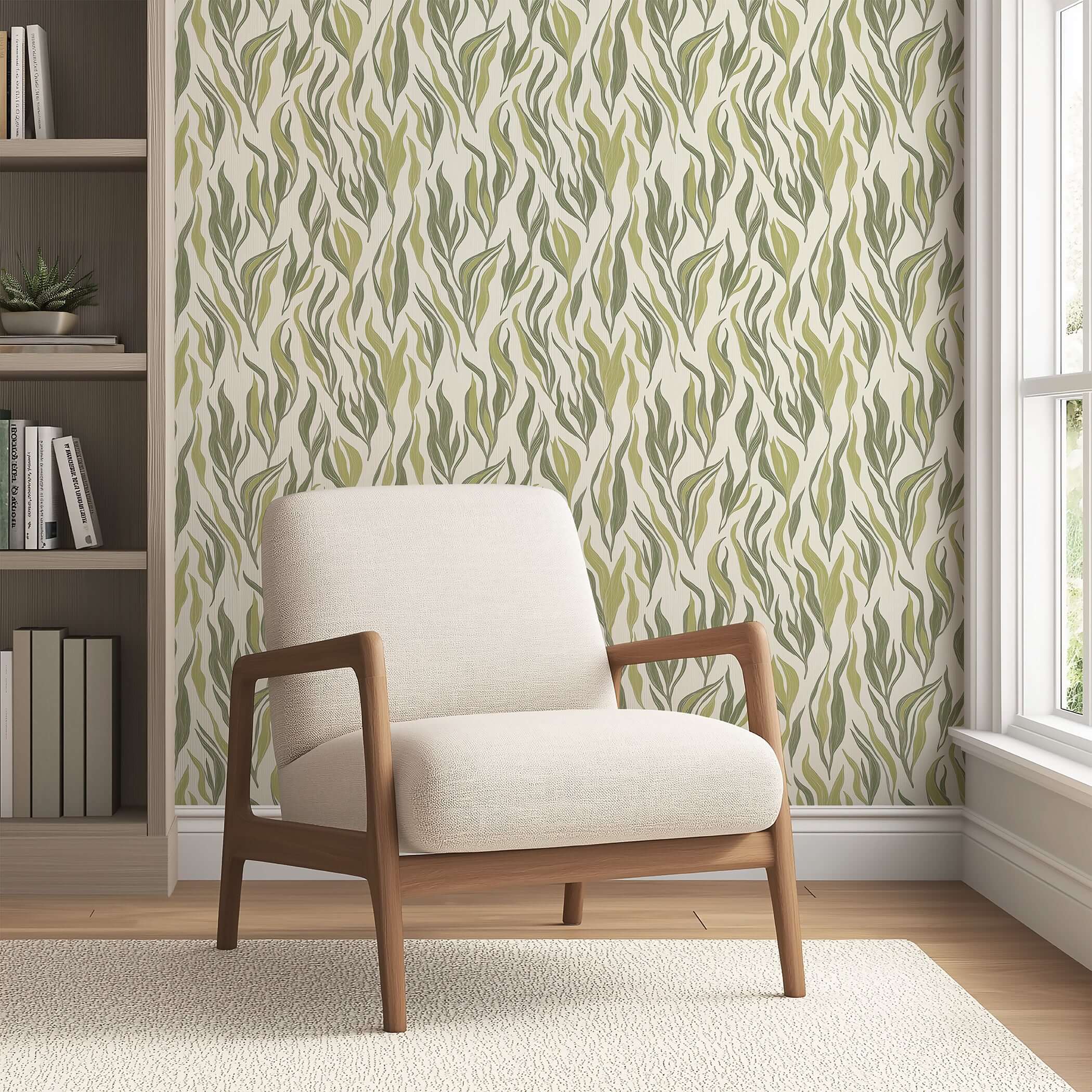 Sea Grass wallpaper featuring green botanical blades in an abstract design, adding a coastal, marine touch to a stylish interior.