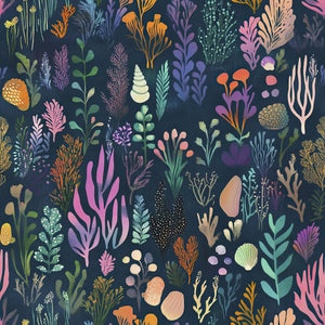 Enchanted Ocean Flora Wallpaper featuring vibrant marine botanicals, seaweeds, and corals on a deep navy background.