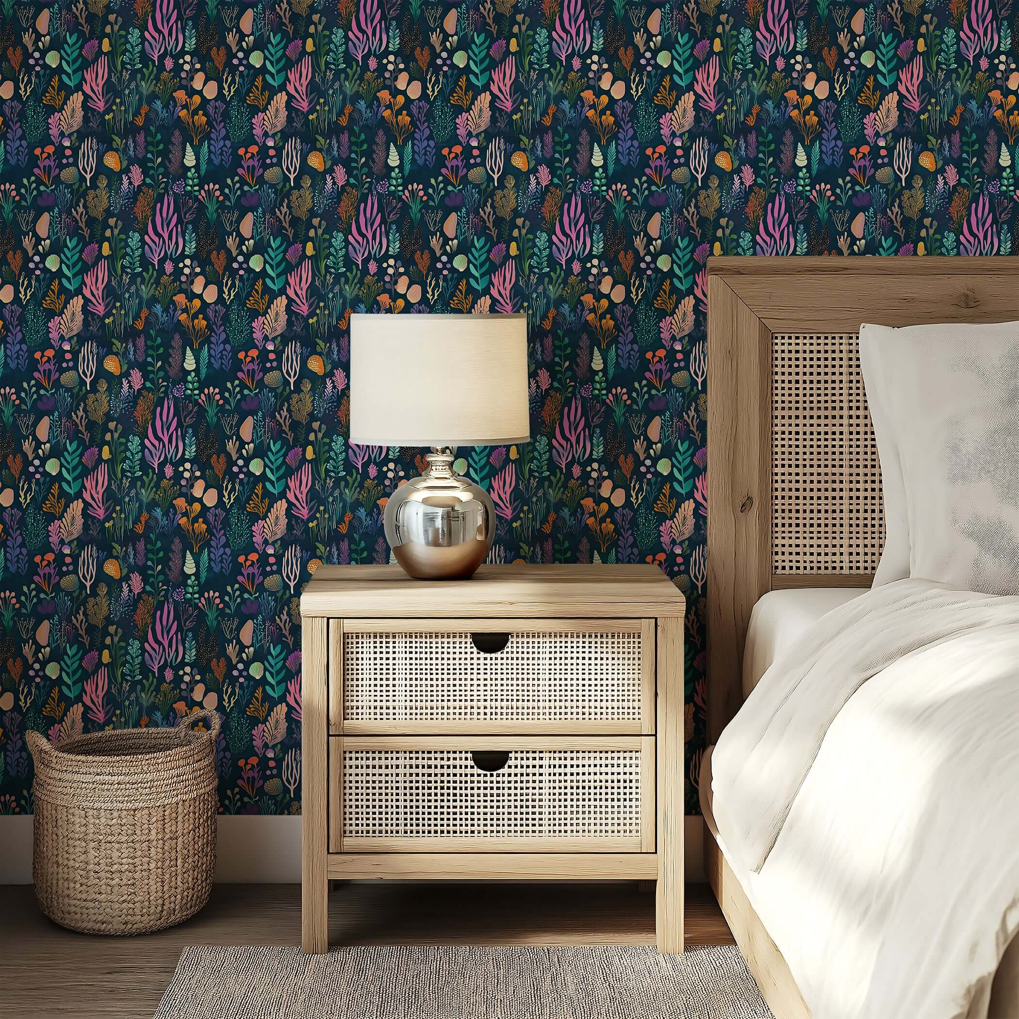 Bedroom with "Enchanted Ocean Flora" wallpaper featuring vibrant ocean plants in violet, coral, and gold; adds maritime coastal charm.