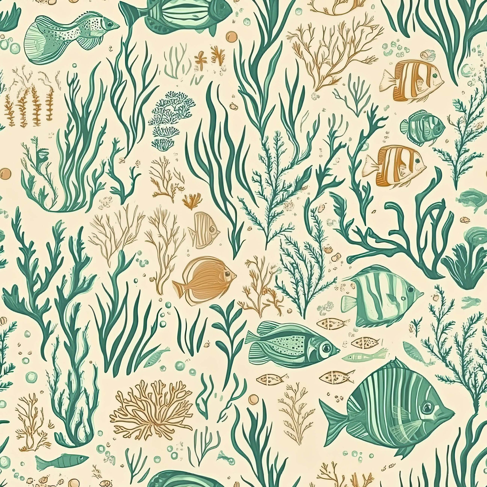 Mid-century modern wallpaper featuring fish, coral, and seaweed in soothing teal and sandy colors, ideal for coastal decor.