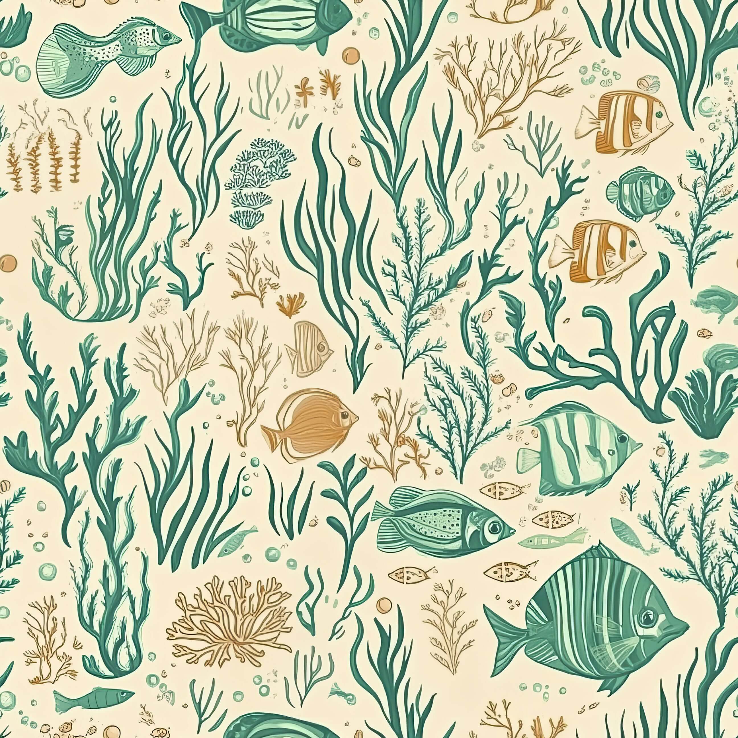 Mid-century modern wallpaper featuring fish, coral, and seaweed in soothing teal and sandy colors, ideal for coastal decor.