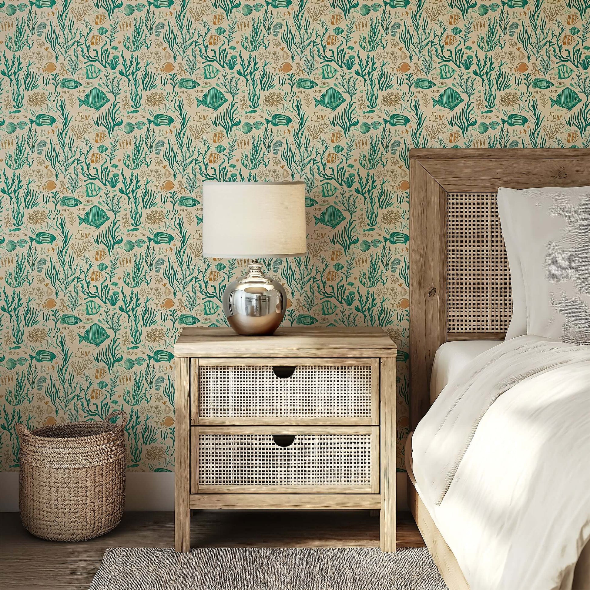 Mid-century modern bedroom with Coral Reef Chronicles wallpaper, featuring fish and seaweed in teal and sandy tones for a coastal feel.