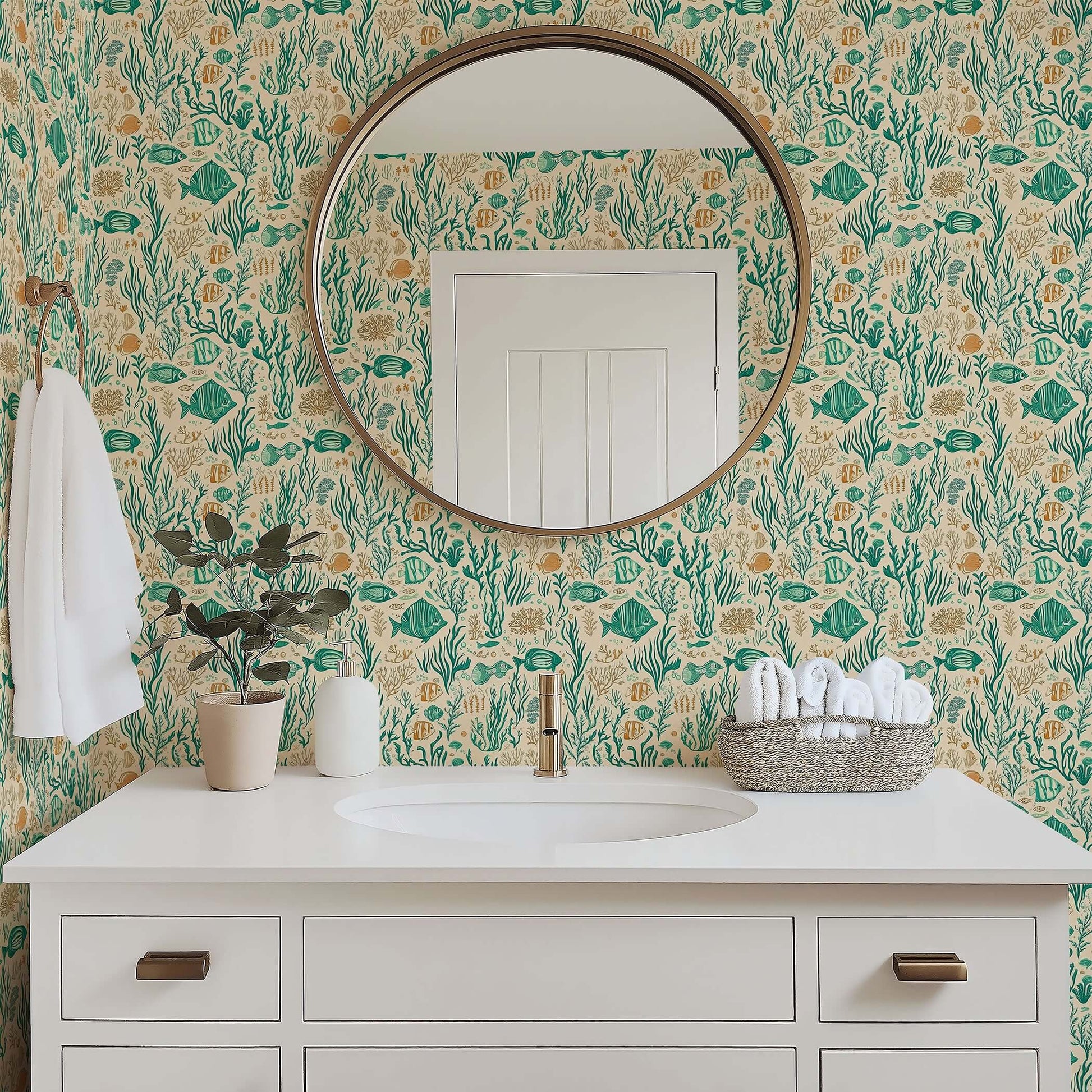 Mid-century modern bathroom with Coral Reef Chronicles wallpaper featuring fish, coral, and seaweed in teal and sandy hues.